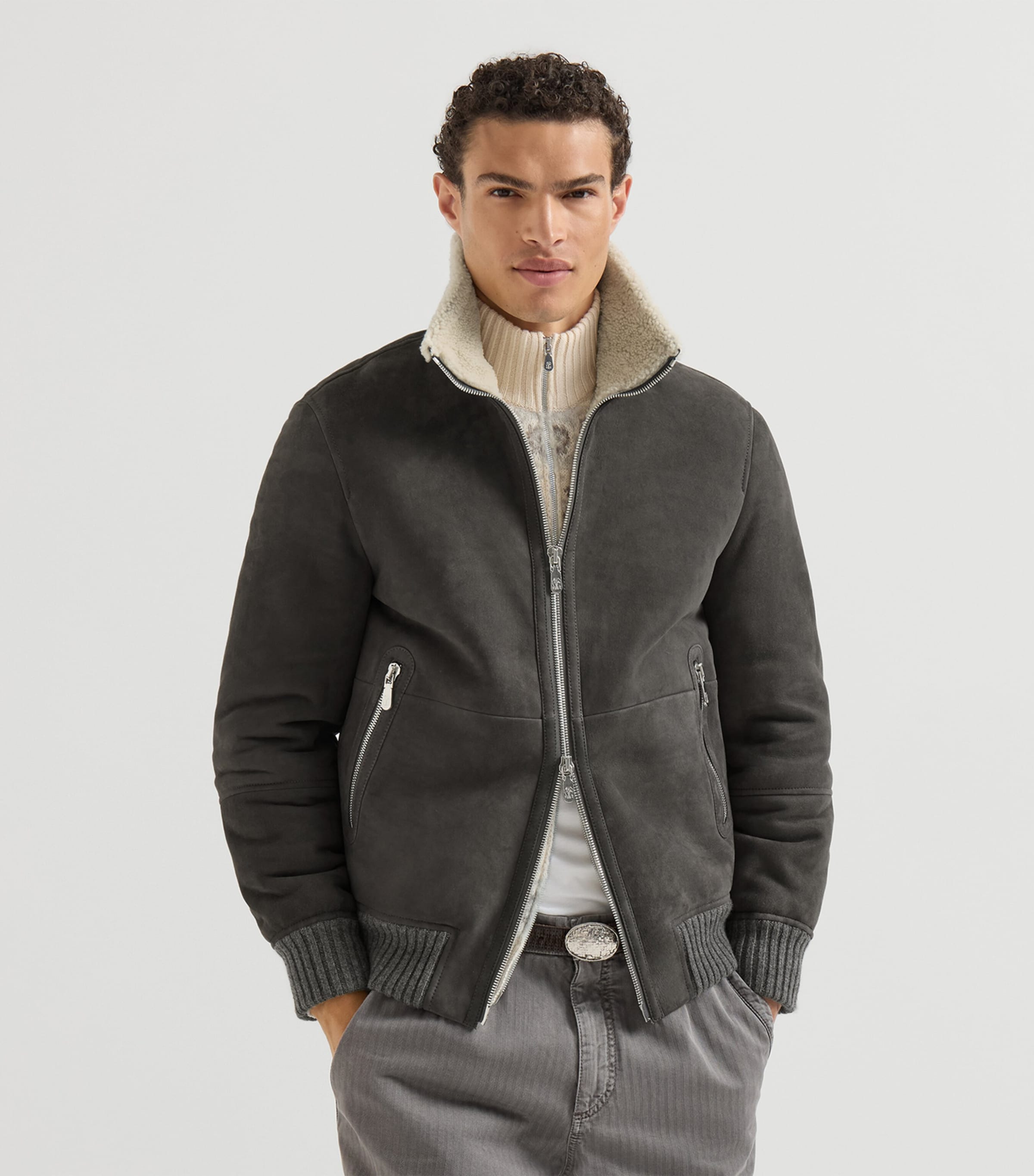 Brunello Cucinelli Mens Suede-Shearling Bomber Jacket Image 2