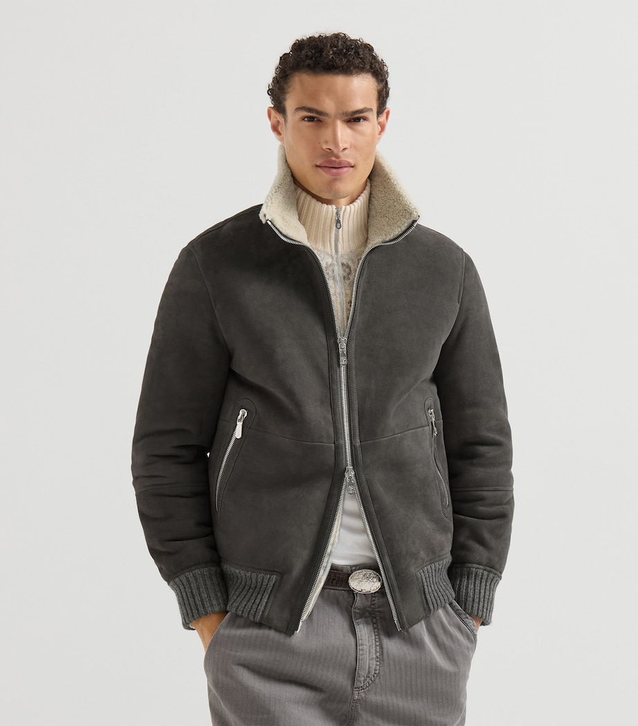 Brunello Cucinelli Mens Suede-Shearling Bomber Jacket Image 2