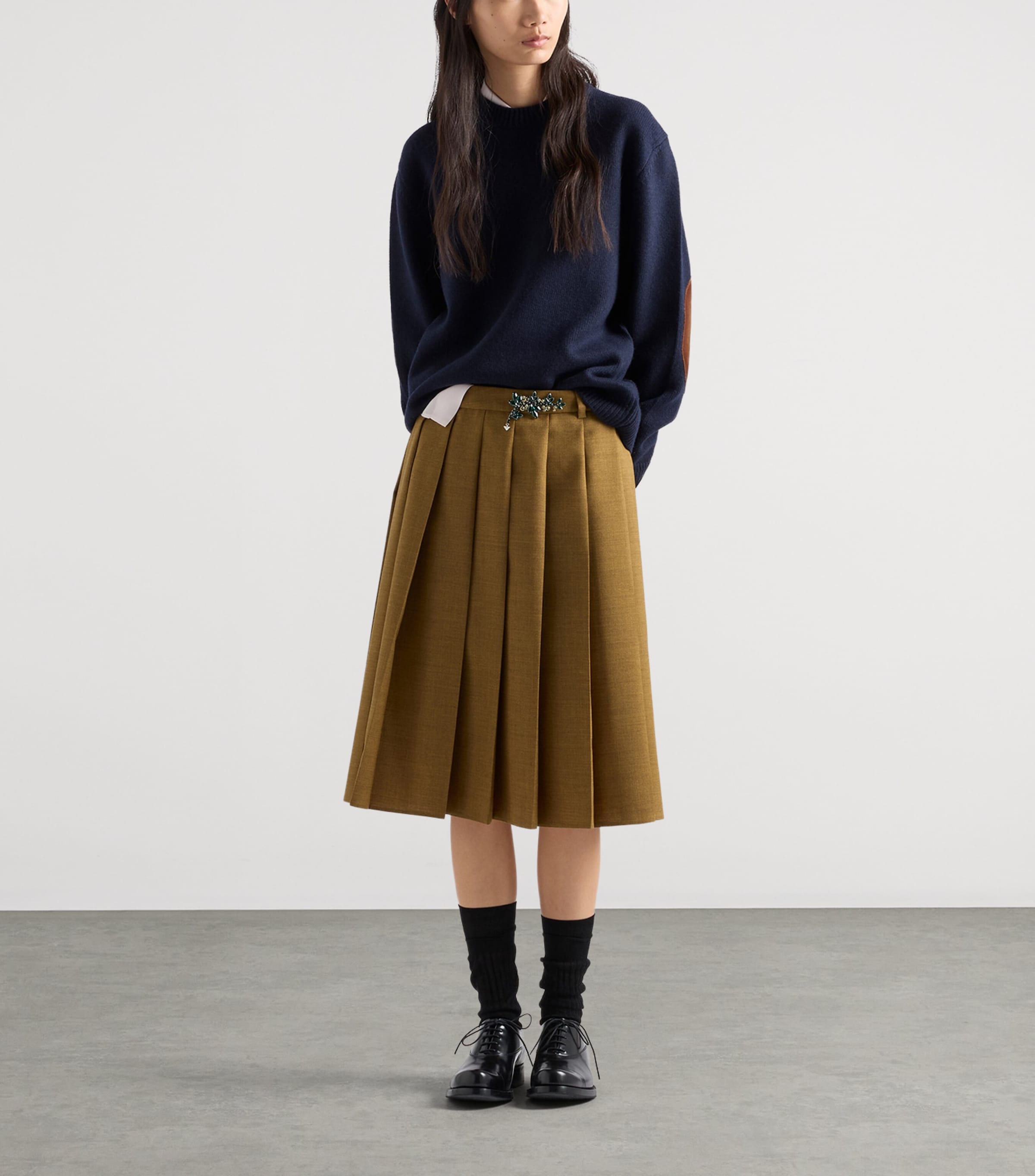 Prada Womens Pleated Hopsack Midi Skirt Brown Image 2