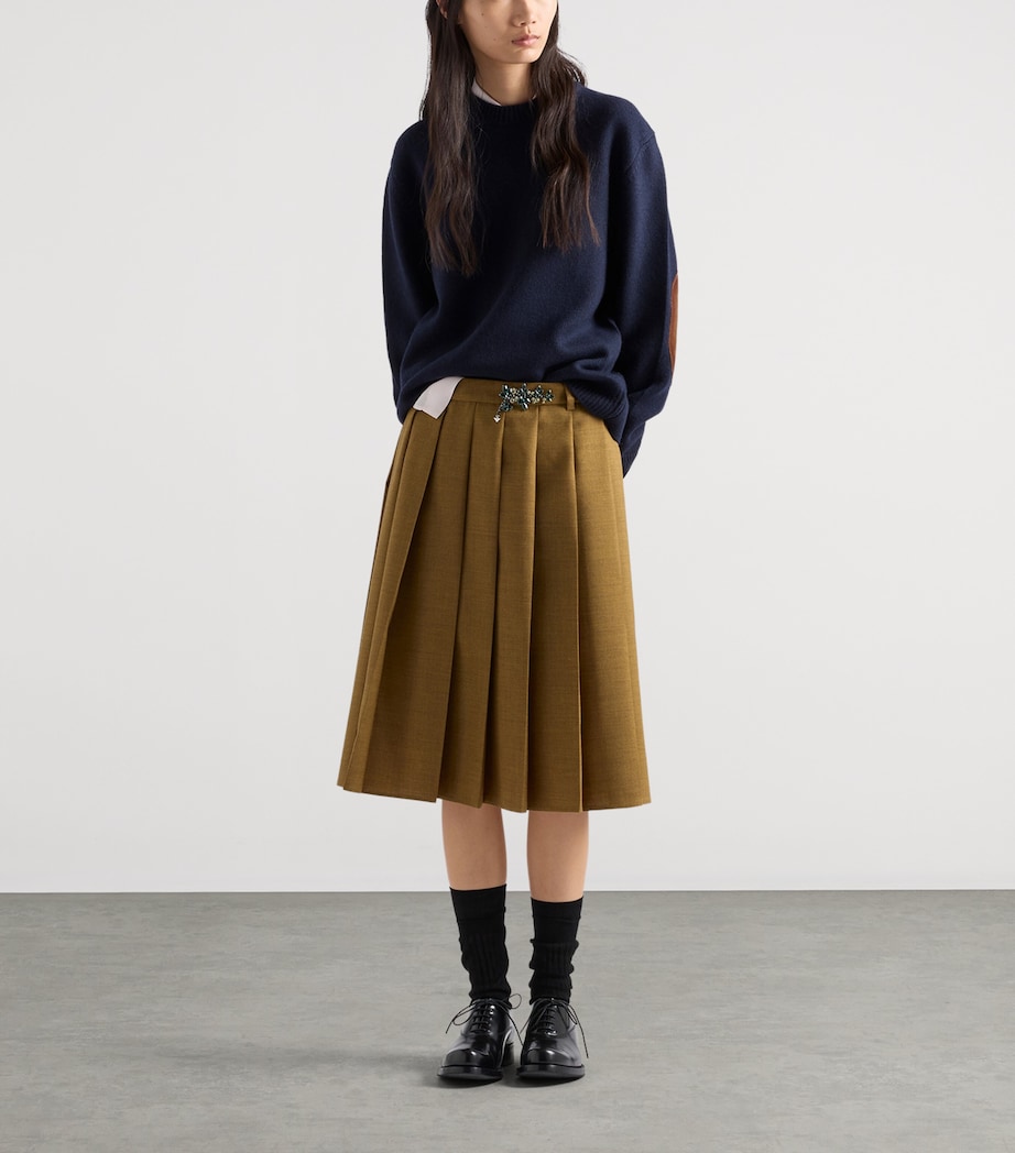 Prada Womens Pleated Hopsack Midi Skirt Brown Image 2