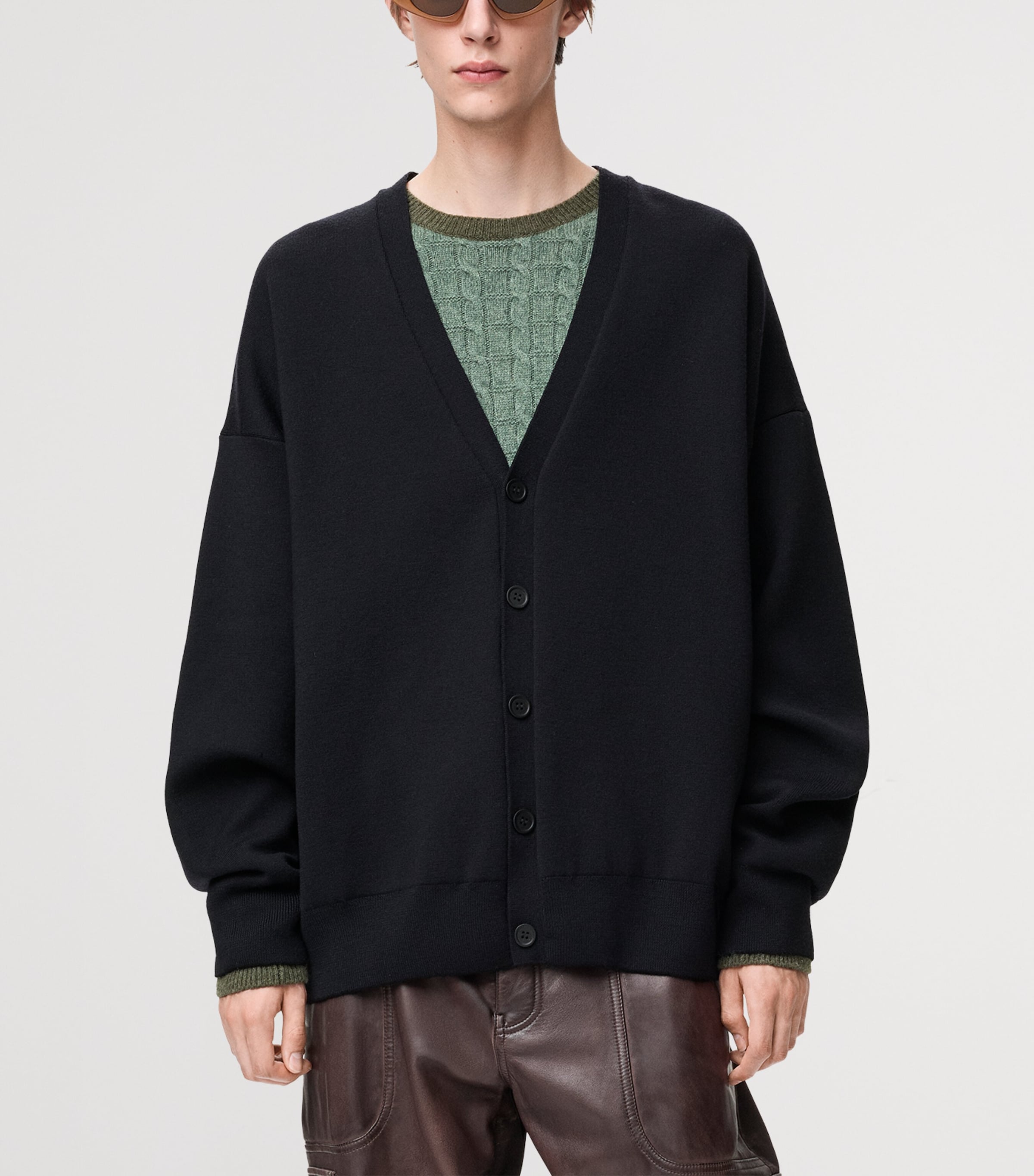 Wool-Blend Anagram-Lining Cardigan BLACK Image 3