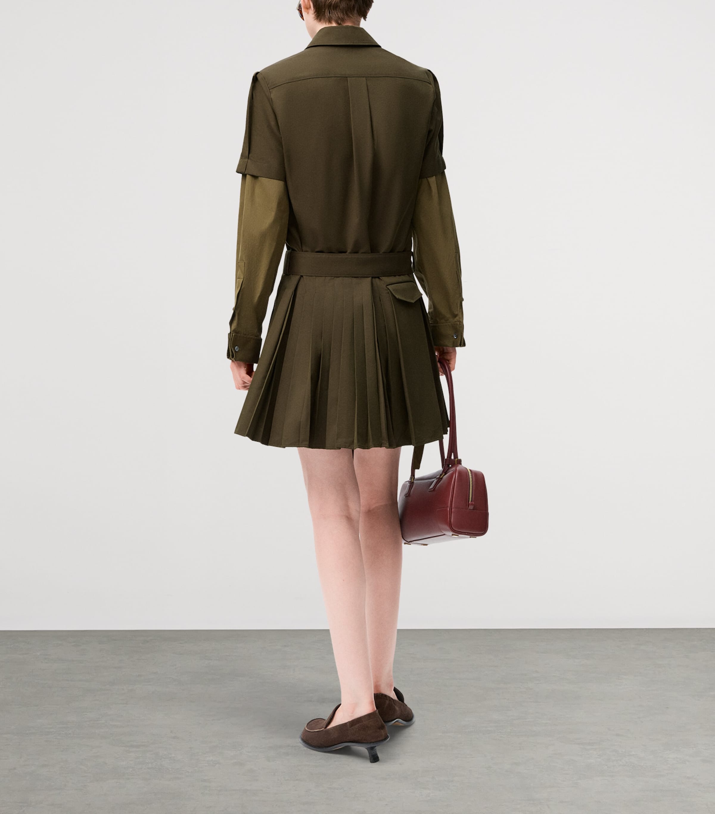 LOEWE Womens Belted Pleated Mini Dress Khaki Green Image 4