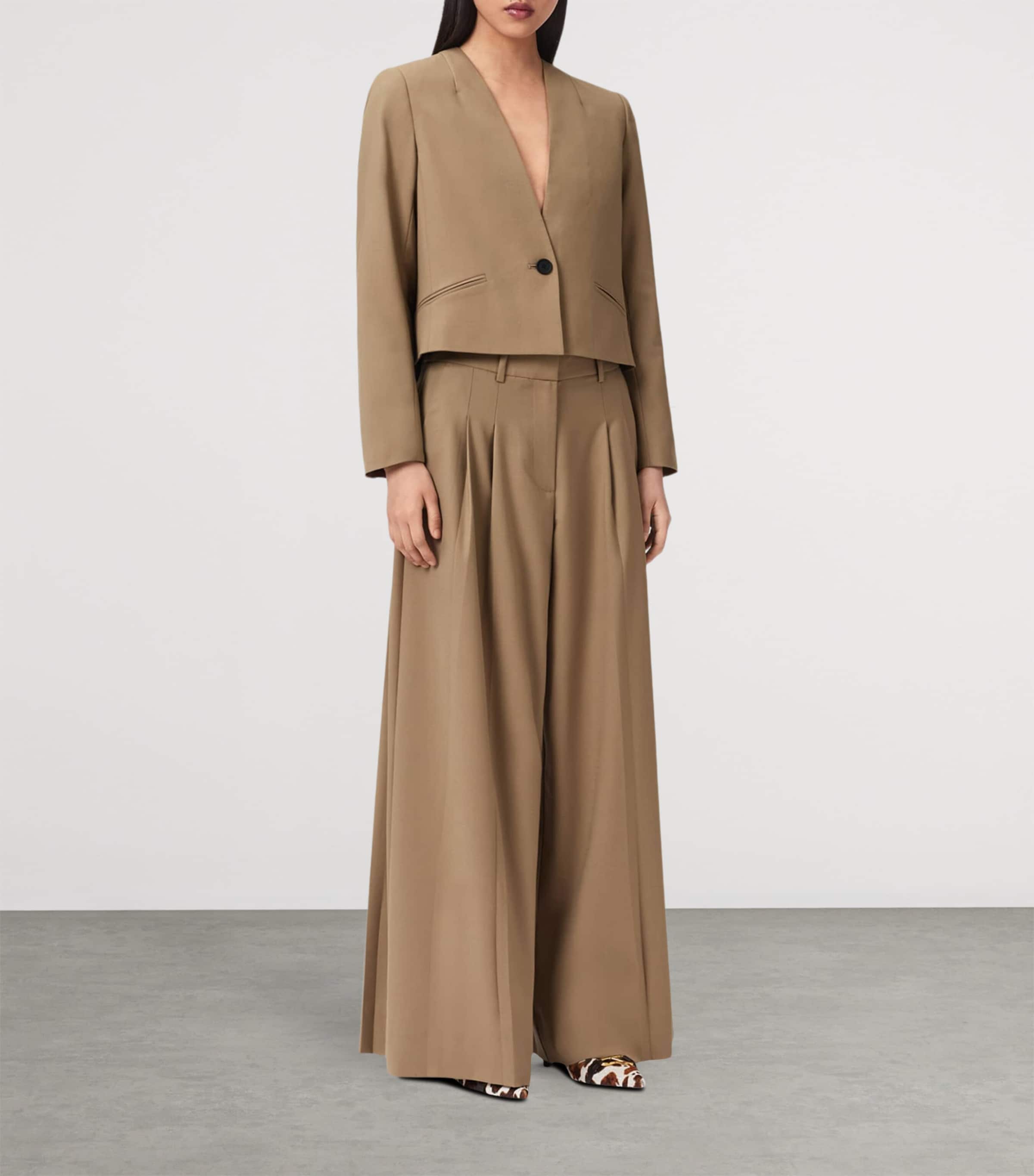AllSaints Womens Wool-Blend Wide-Leg Poppy Trousers Sand Brown Image 2