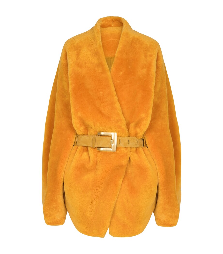 Shearling Belted Wrap Coat 1GF - MUSTARD Image 1