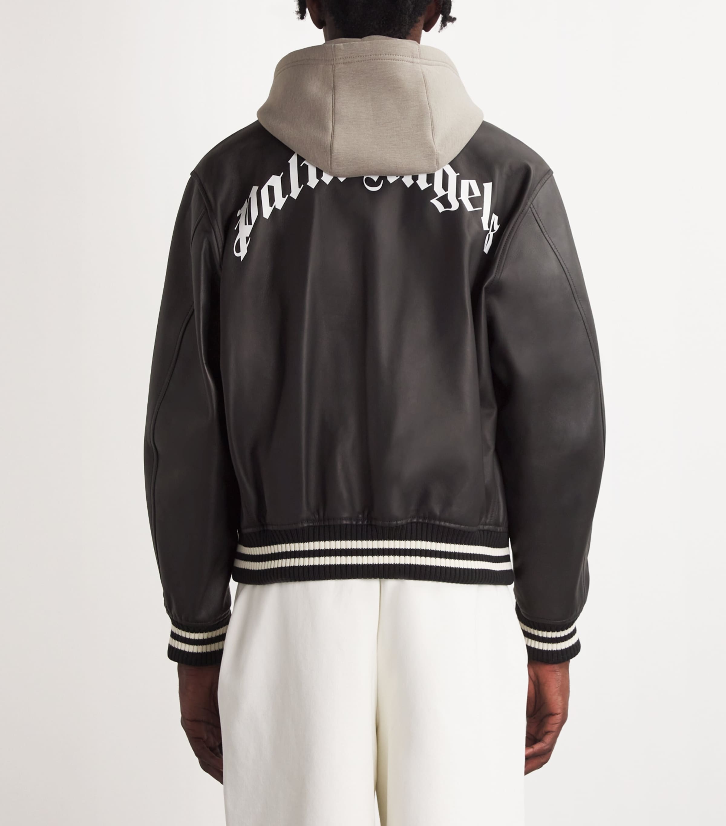 Palm Angels Mens Leather Logo Bomber Jacket Black Off White Image 4