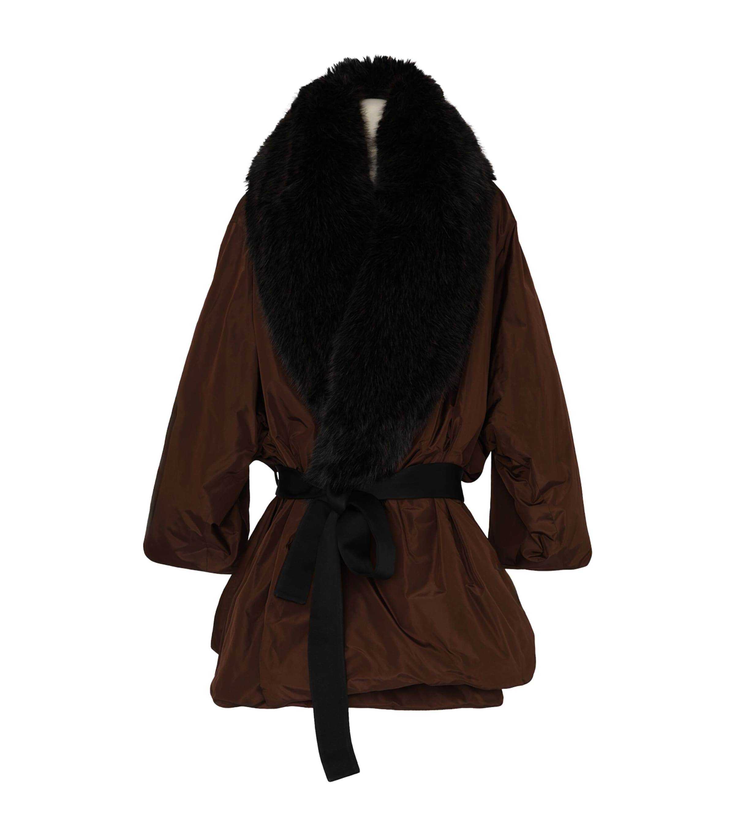Saint Laurent Silk Belted Coat In Brown