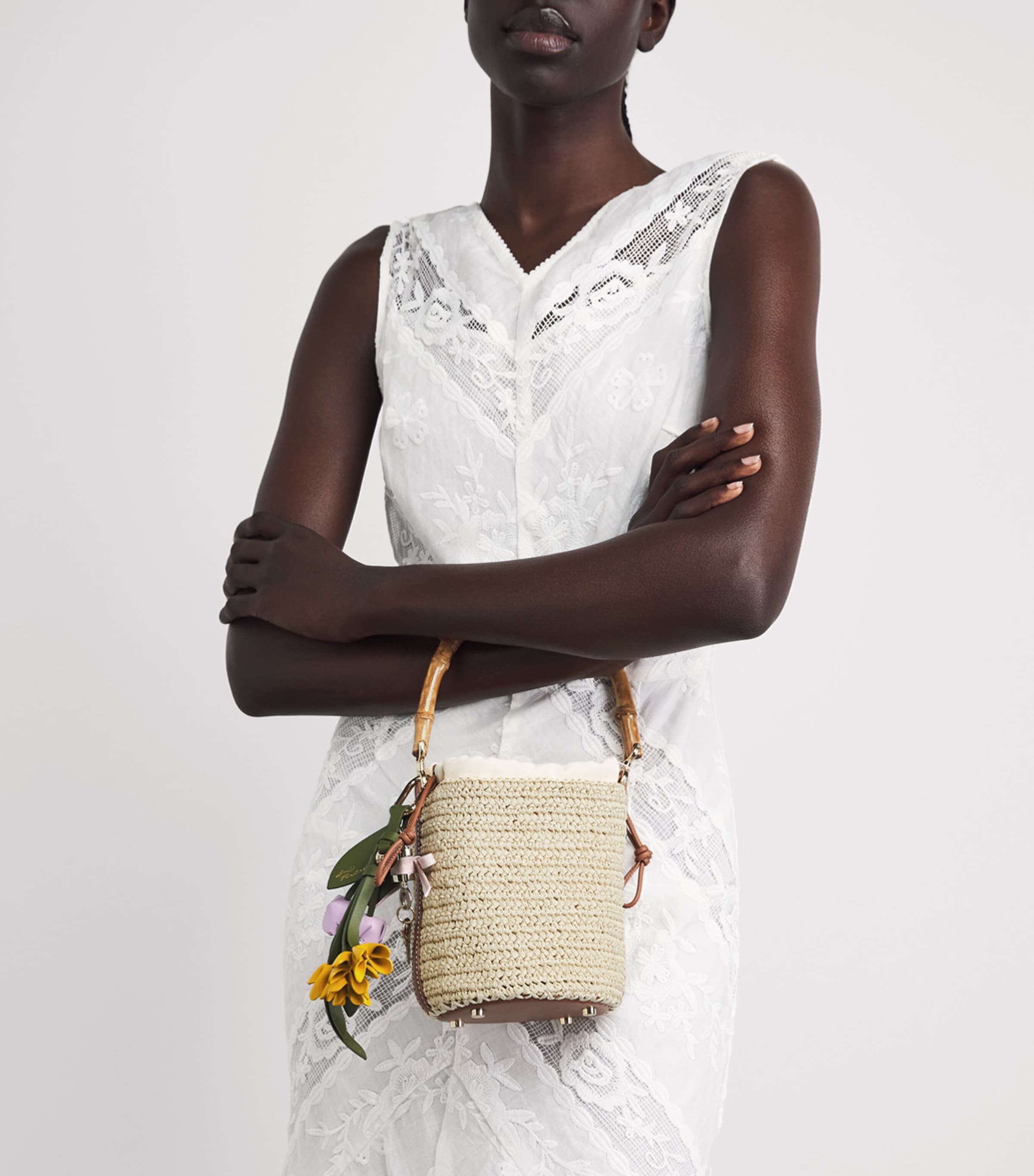 Self-Portrait Mini Raffia Bucket Bag Brown Image 2