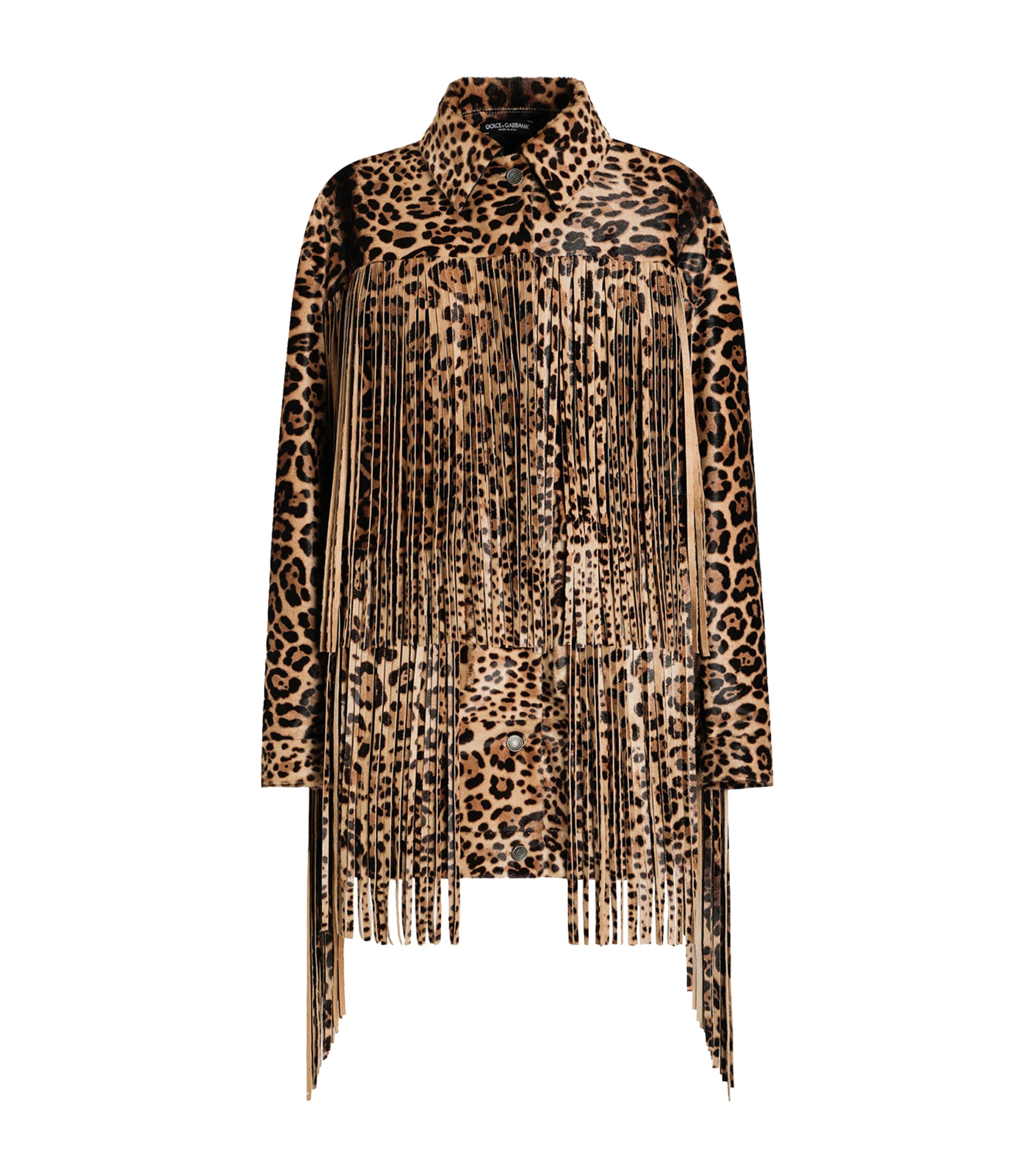 Dolce & Gabbana Leopard Print Fringe Leather Jacket In Brown
