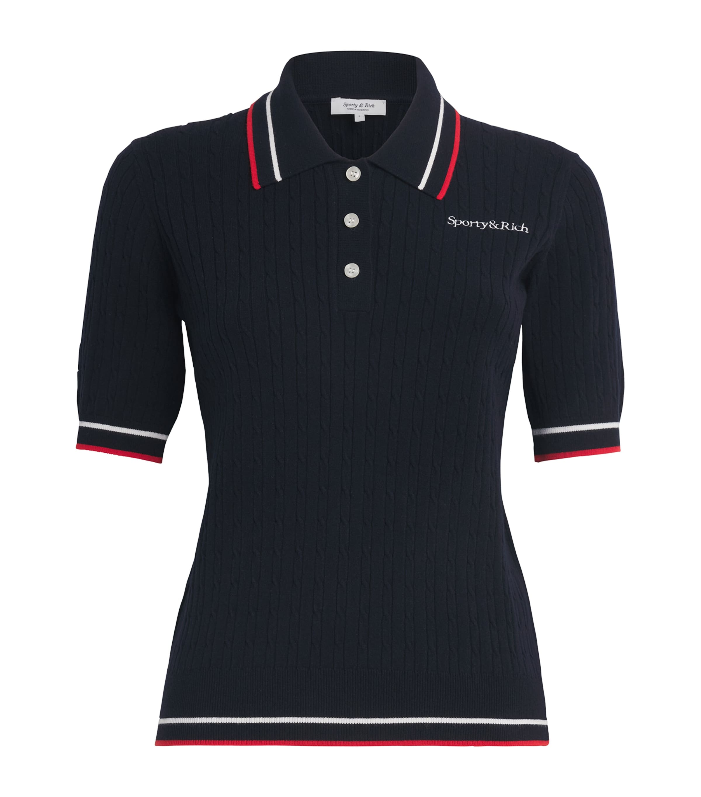 Sporty And Rich Serif Logo Cable Knit Polo T-shirt In Navy