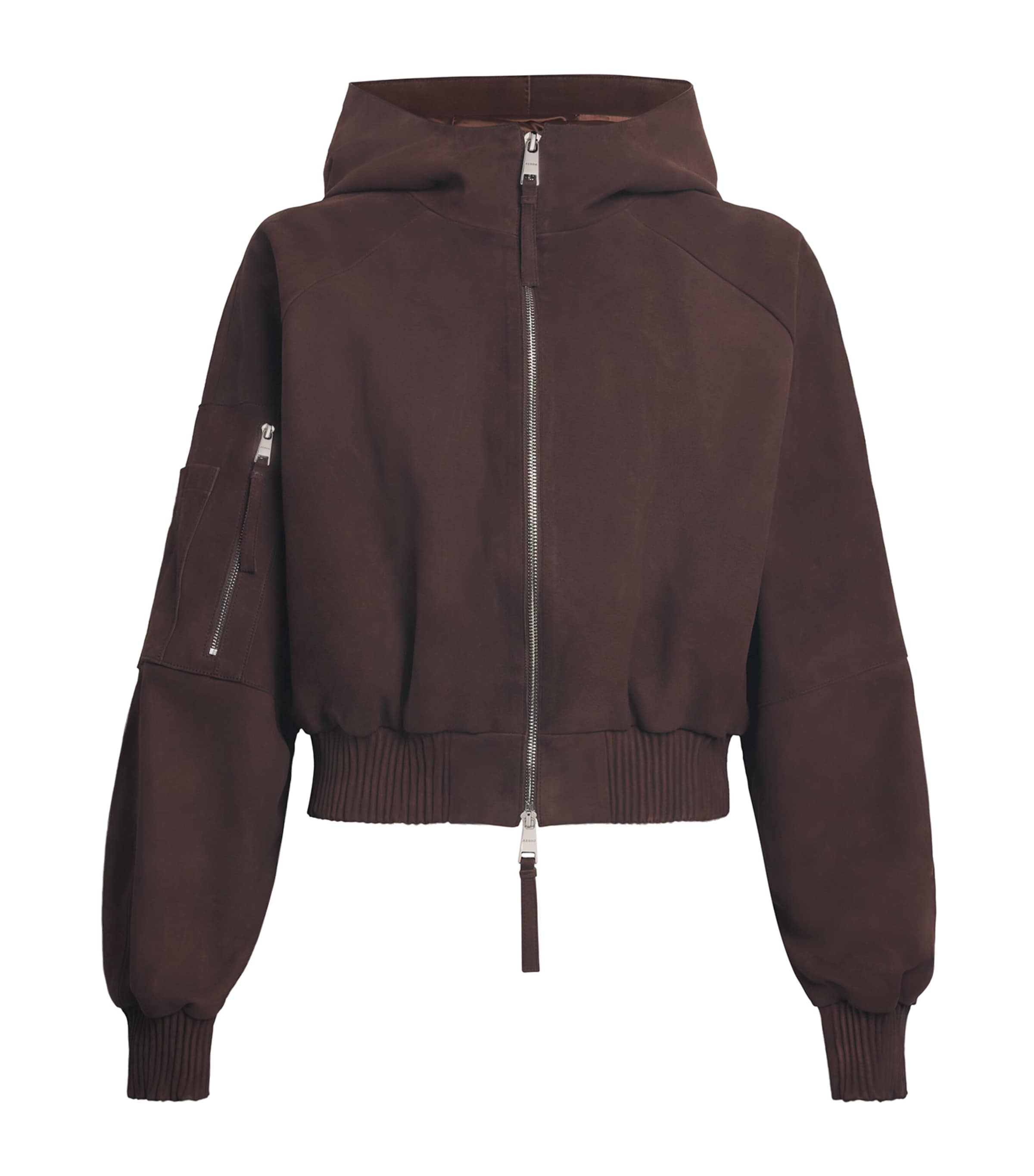 Aeron Suede Hooded Berry Bomber Jacket In Brown