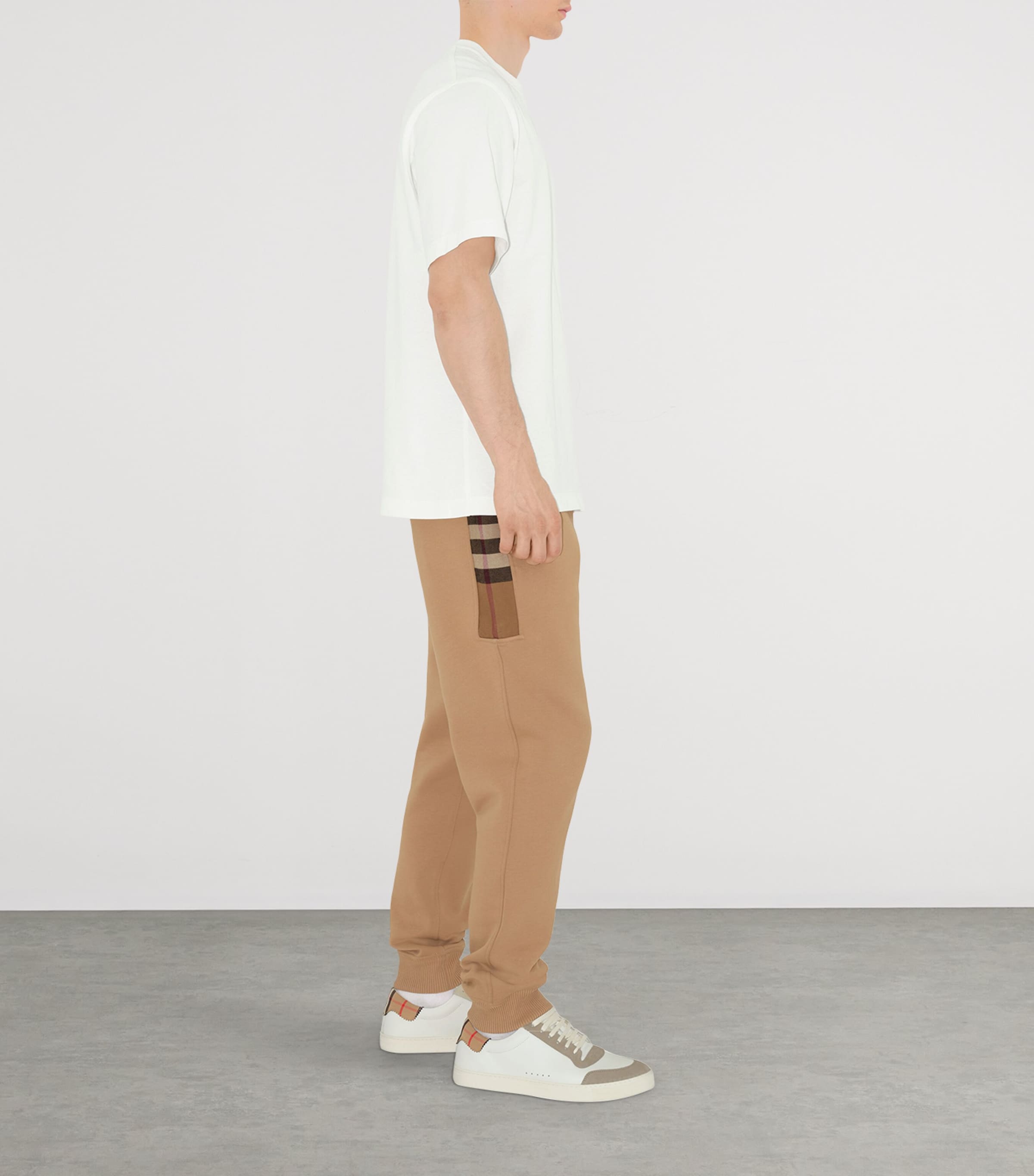 Cotton-Blend Check-Trim Sweatpants CAMEL Image 3