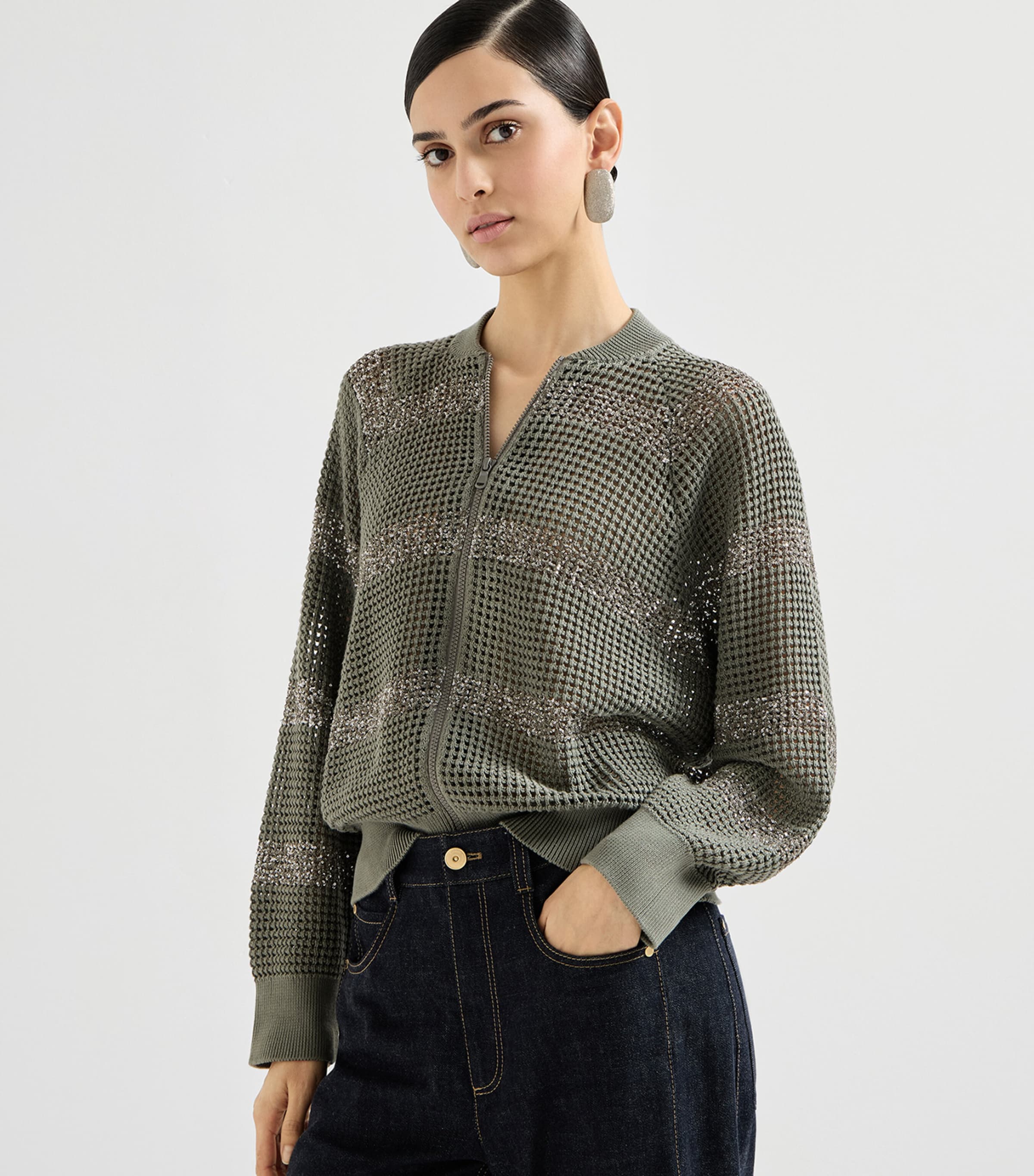 Brunello Cucinelli Womens Cotton Crochet Sequin-Trim Cardigan Image 3