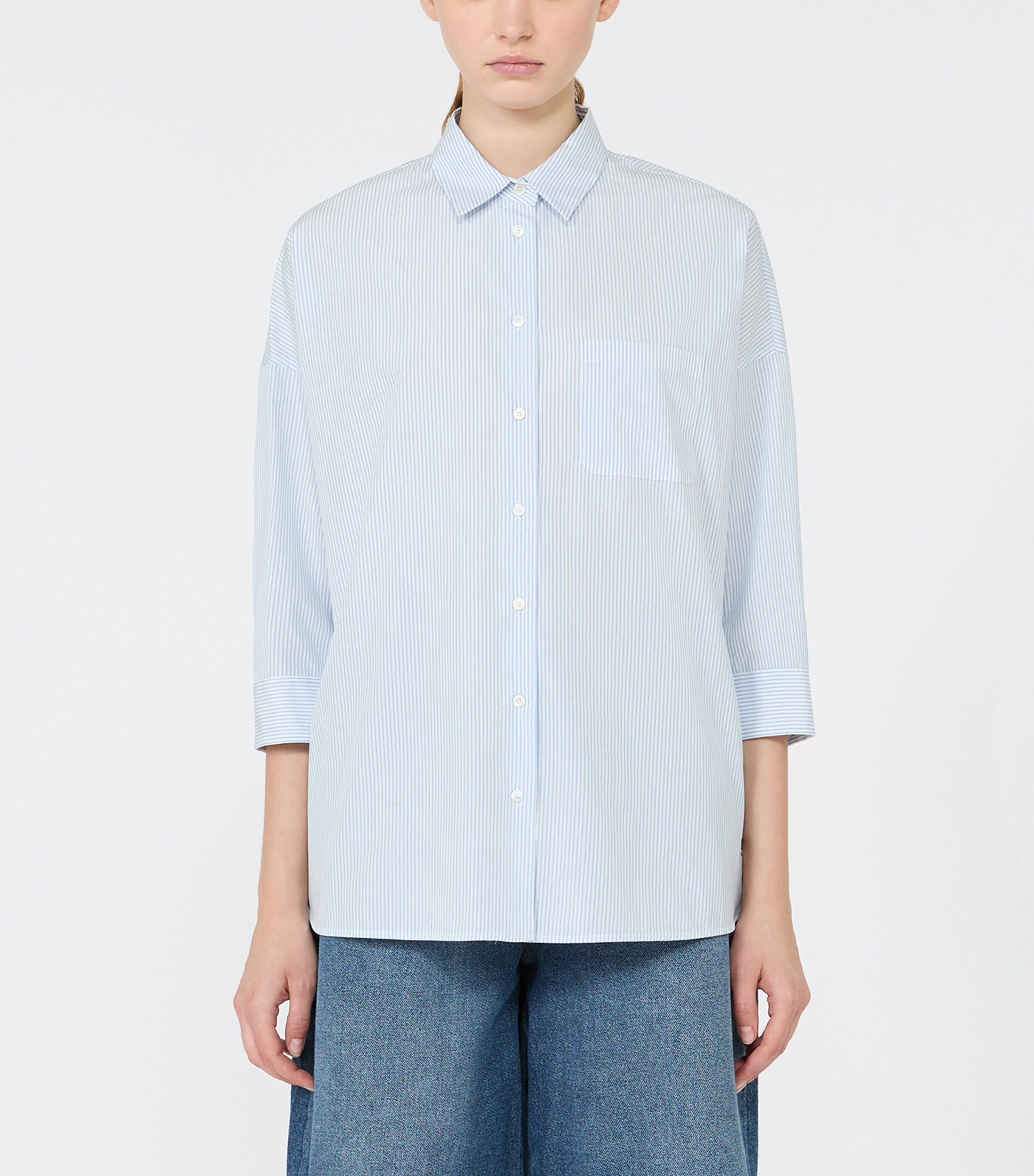 Weekend Max Mara Womens Cotton Stripe Cropped-Sleeve Shirt Light Blue Image 3