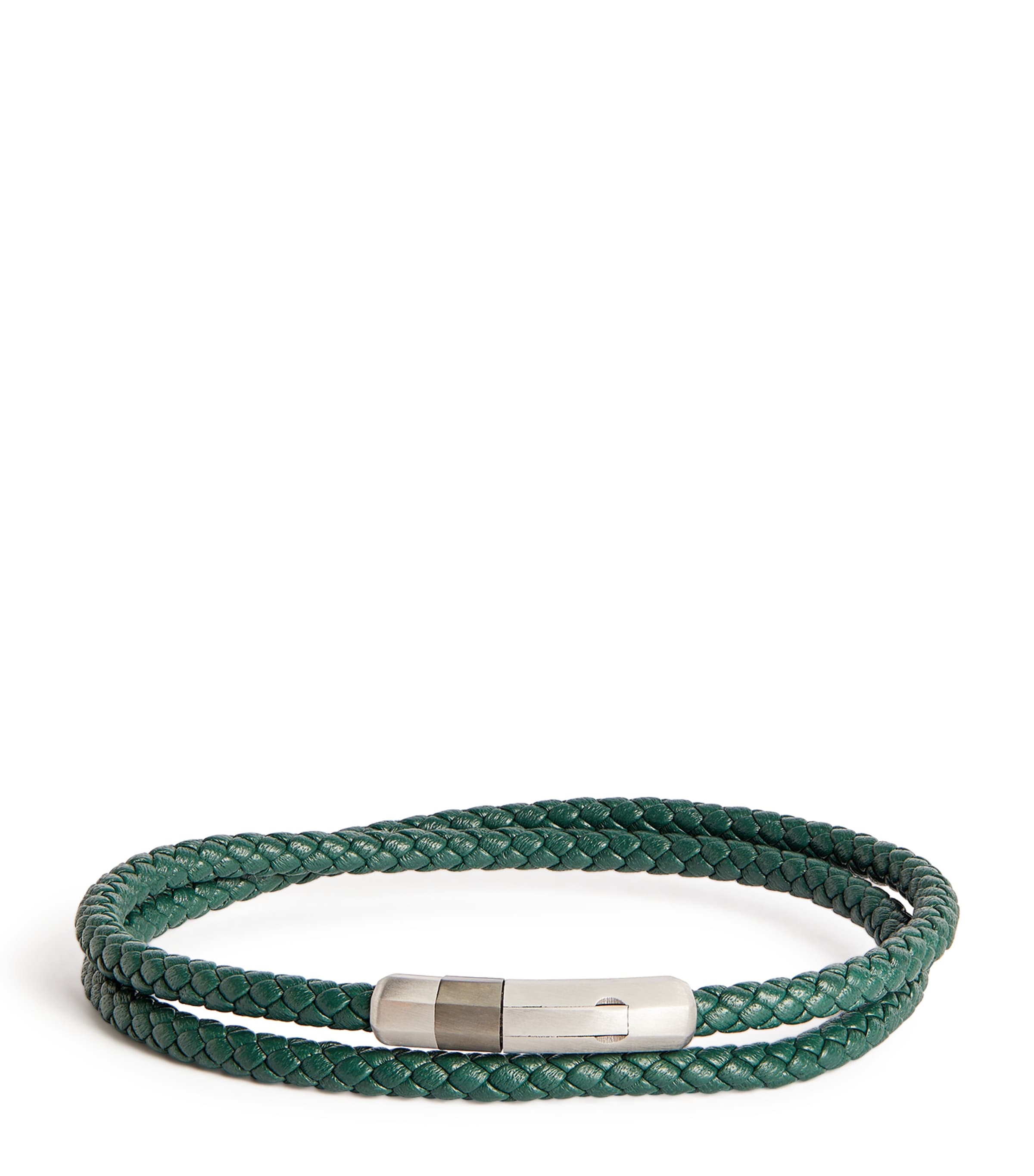 Tateossian Leather And Sterling Silver Pelle Bracelet Silver/ Green Image 1