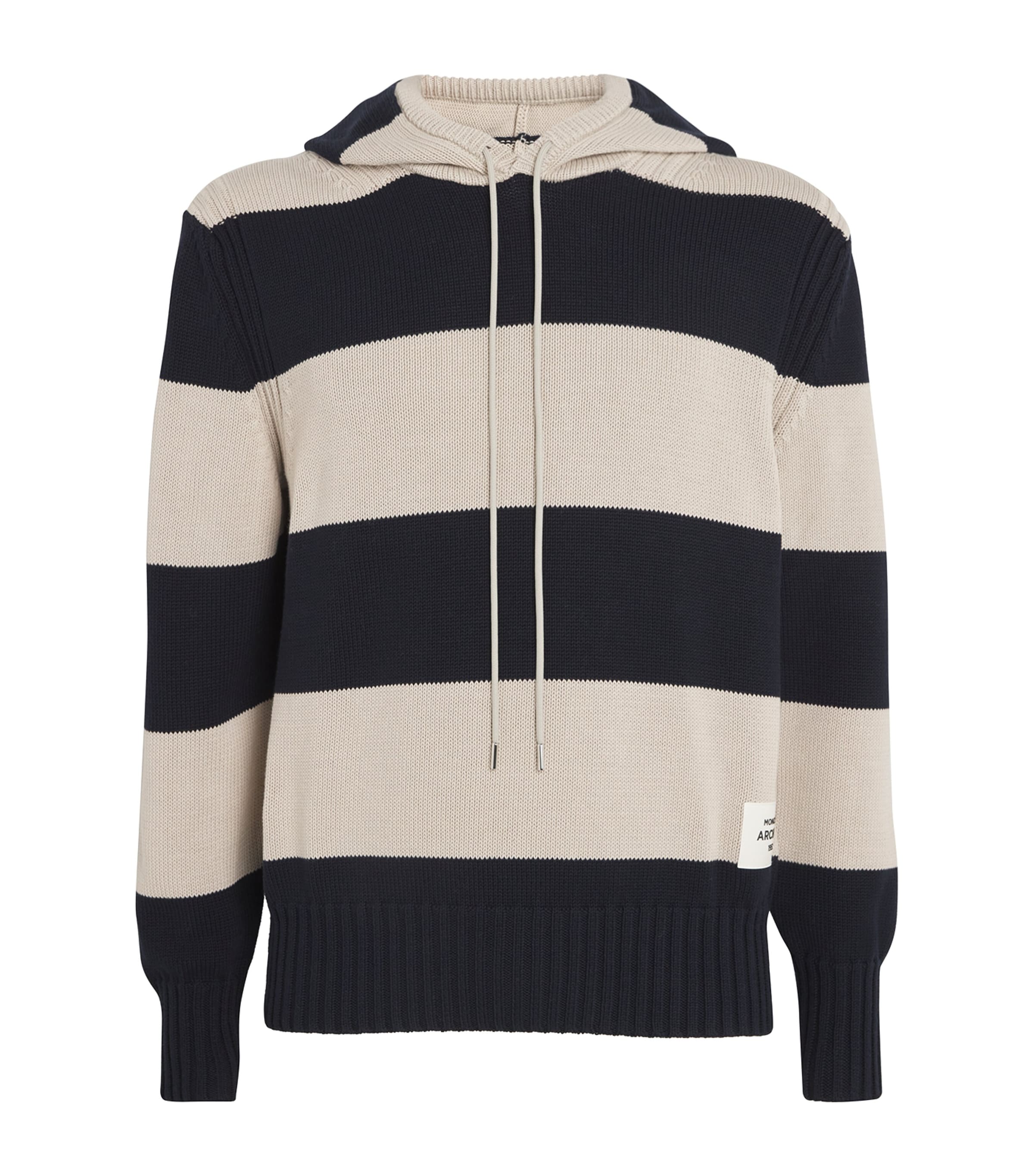 Shop Moncler Cotton Striped Knitted Hoodie In Blue