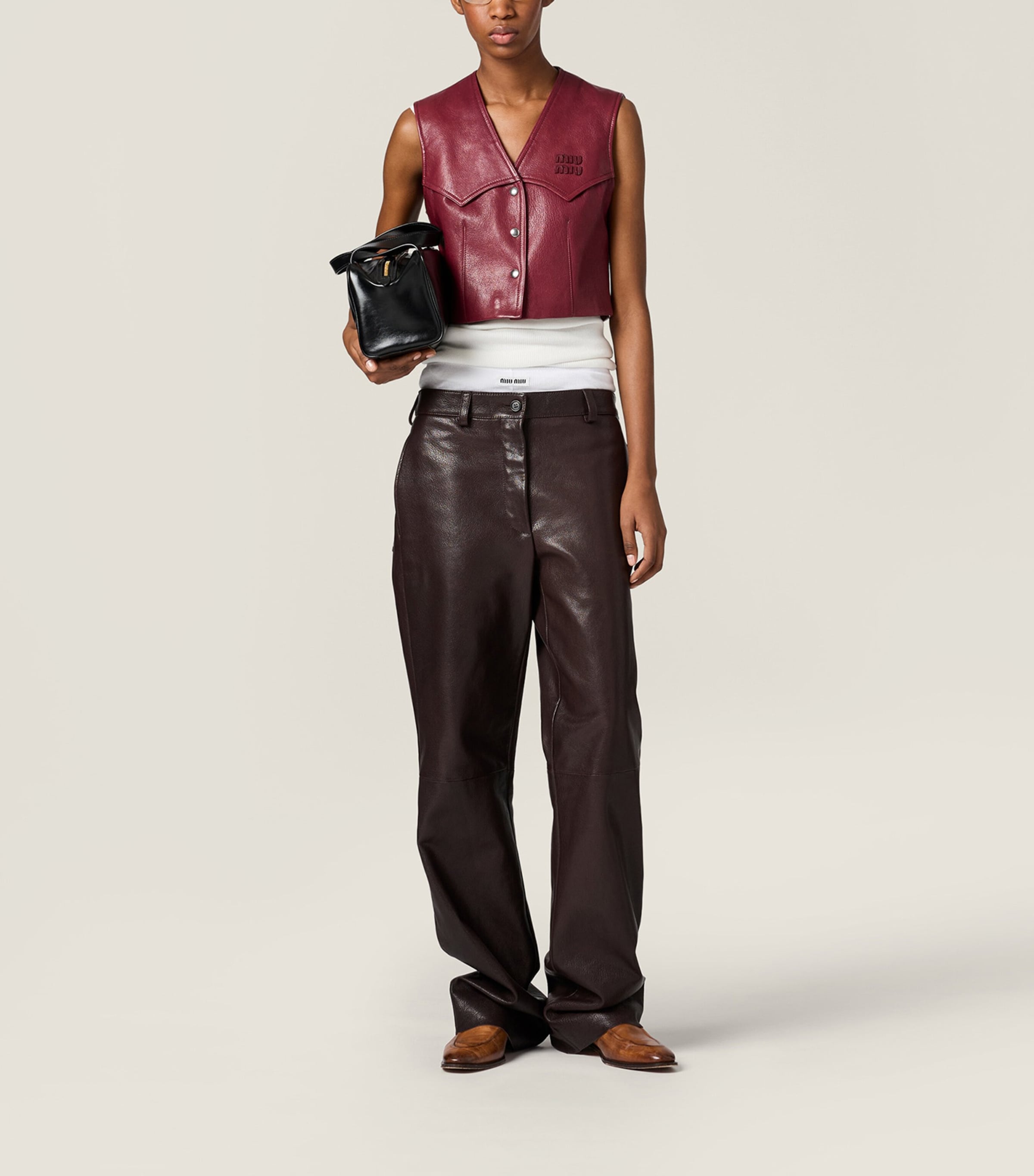 Miu Miu Womens Leather Trousers Brown Image 2