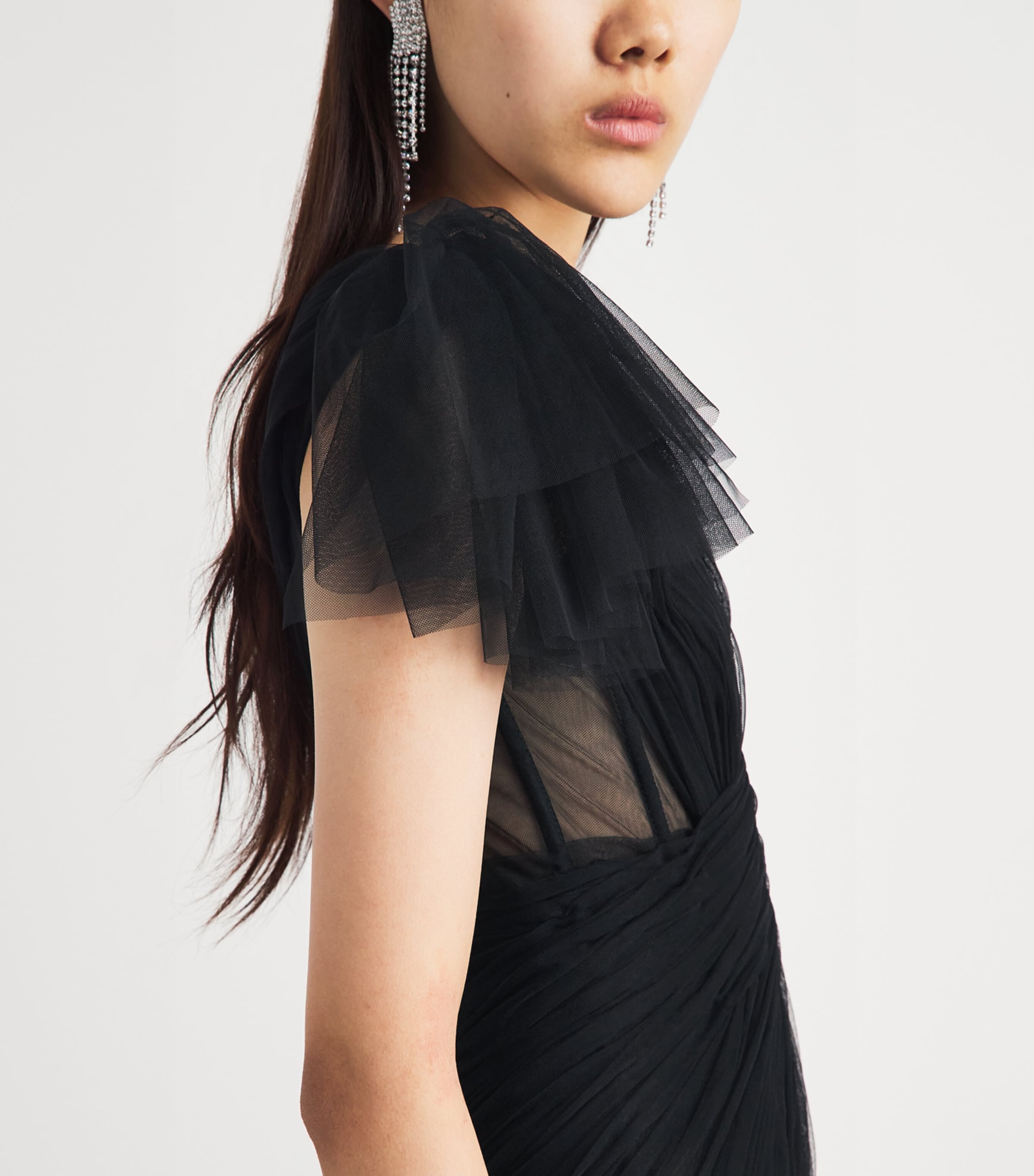 Sandra Mansour Womens Tulle One-Shoulder Gown Black Image 3