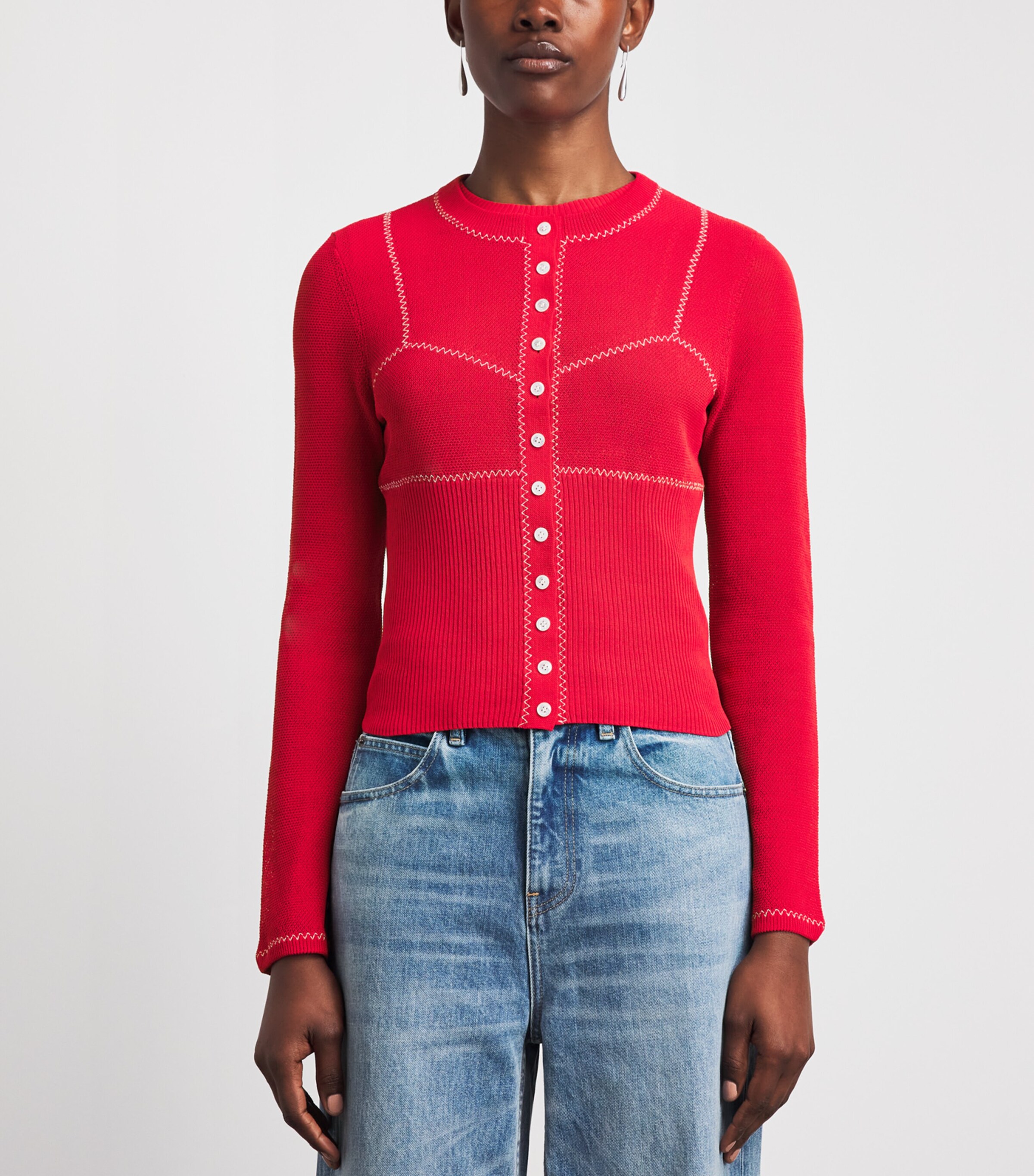 Tory Burch Womens Stitch Cardigan Brght Red/wht Image 4