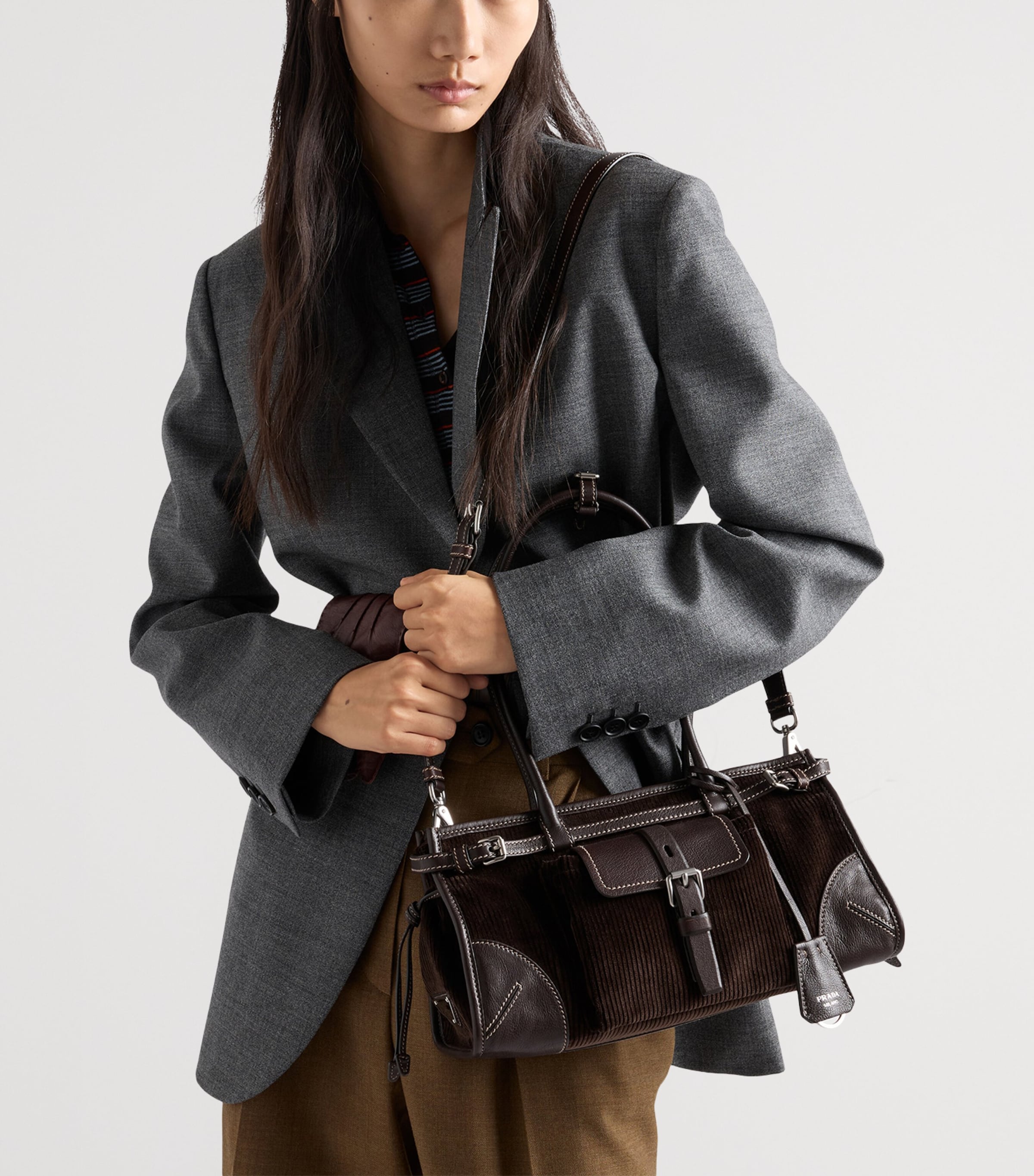 Prada Womens Medium Bonnie Corduroy and Leather Top-Handle Bag Brown Image 8