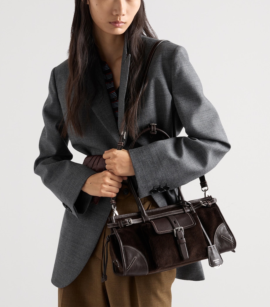 Prada Womens Medium Bonnie Corduroy and Leather Top-Handle Bag Brown Image 8