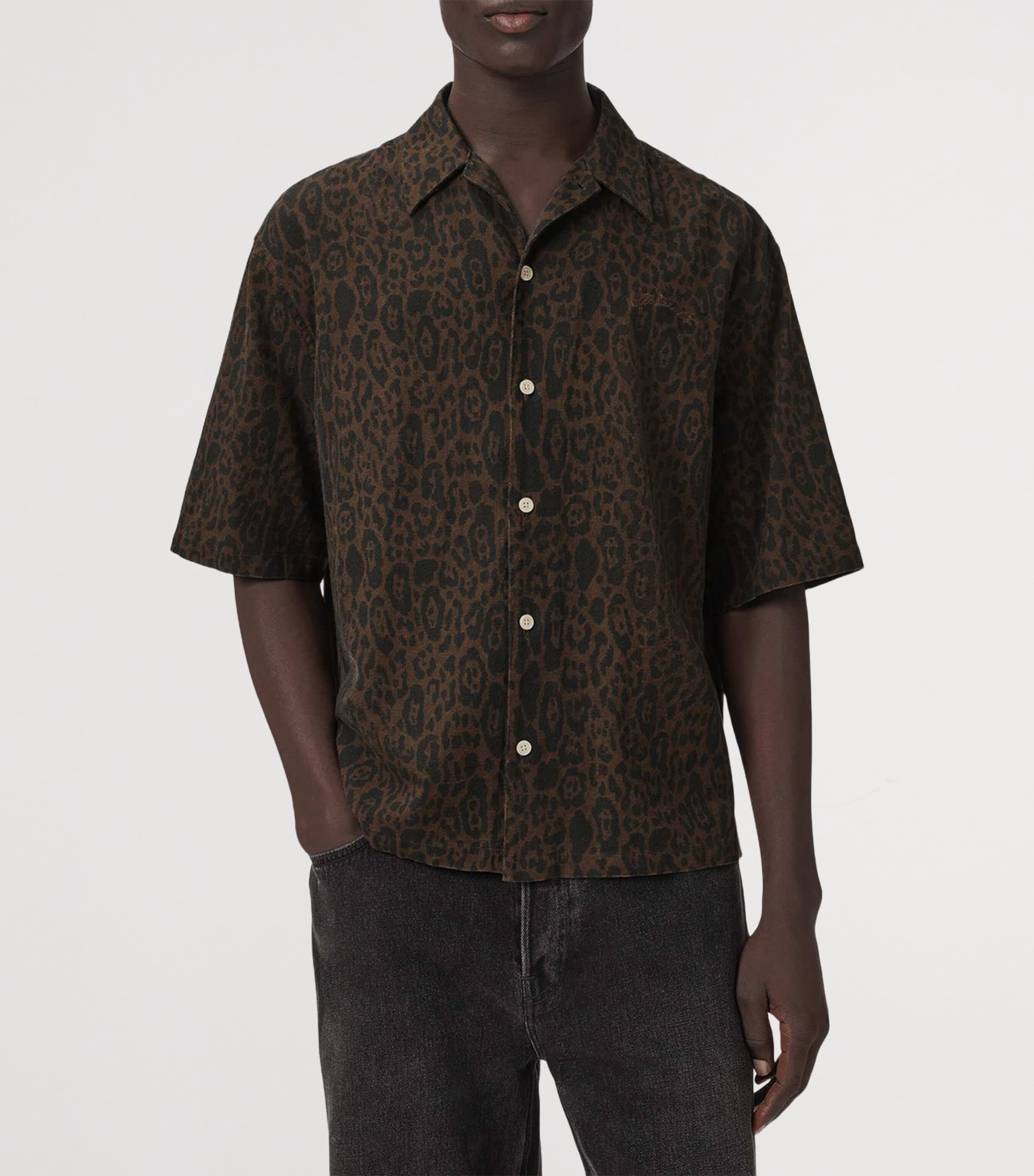 AllSaints Mens Organic Cotton-Linen Leopardo Shirt Hot Choc Brown Image 3