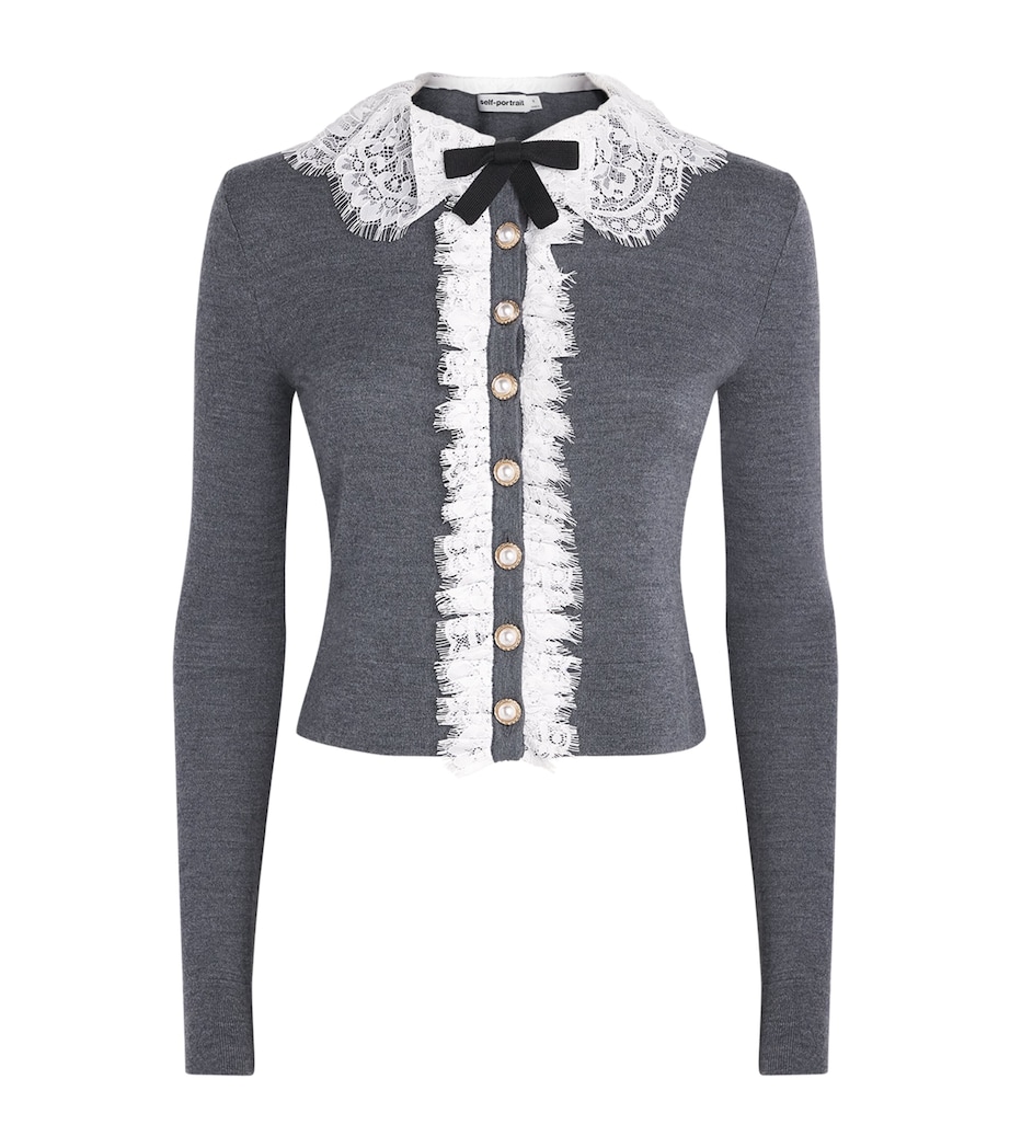 Self-Portrait Womens Wool Lace-Collar Cardigan Grey Image 1
