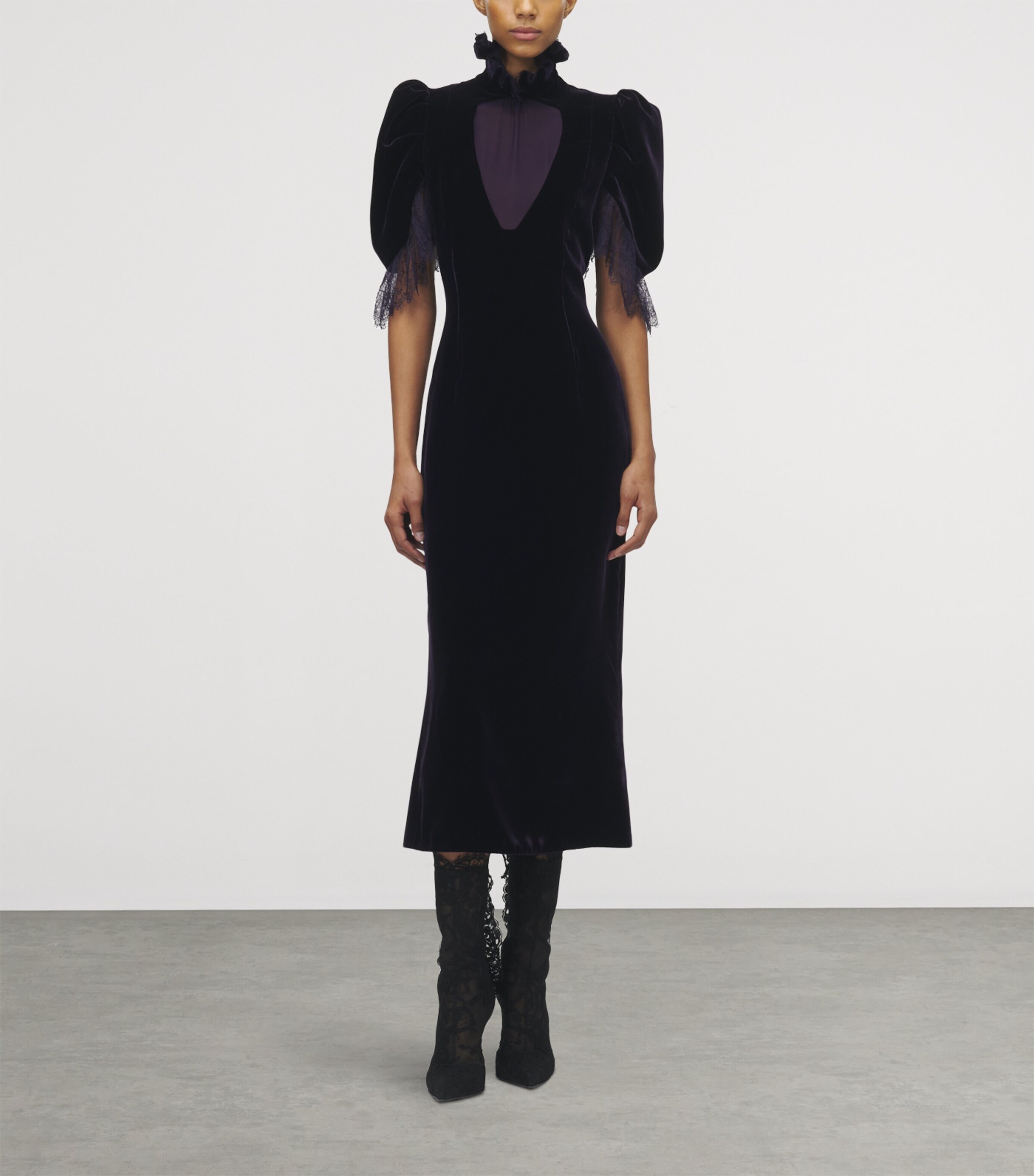 McQueen Womens Velvet Lace-Detail Midi Dress Image 2