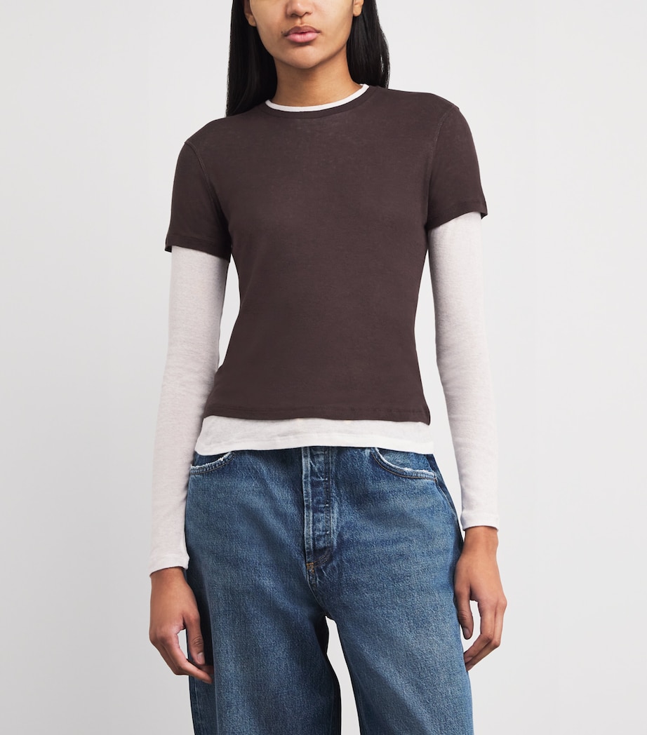 ME+EM Womens Cotton Double-Layer Top Chocolate/ White Image 4