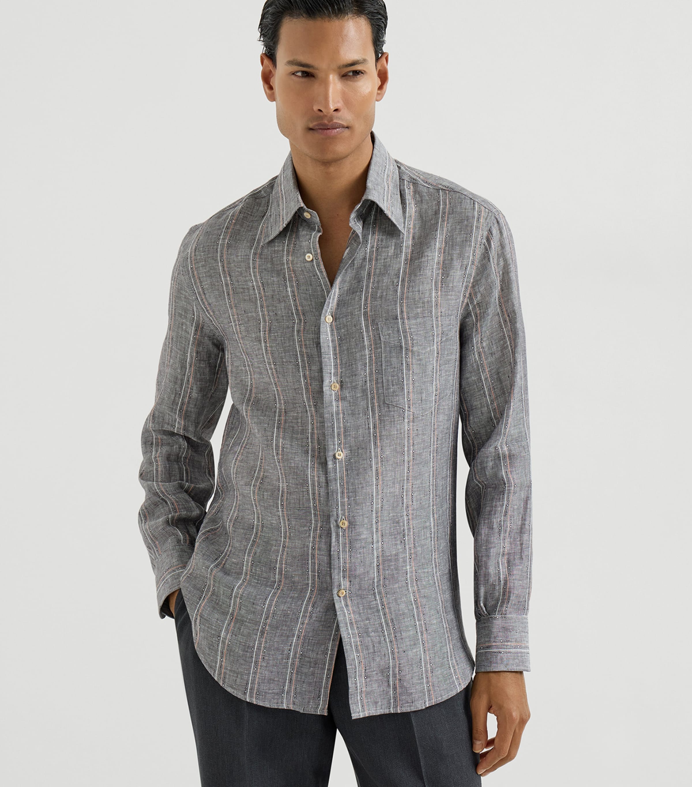 Brunello Cucinelli Mens Linen Stripe Shirt Image 2