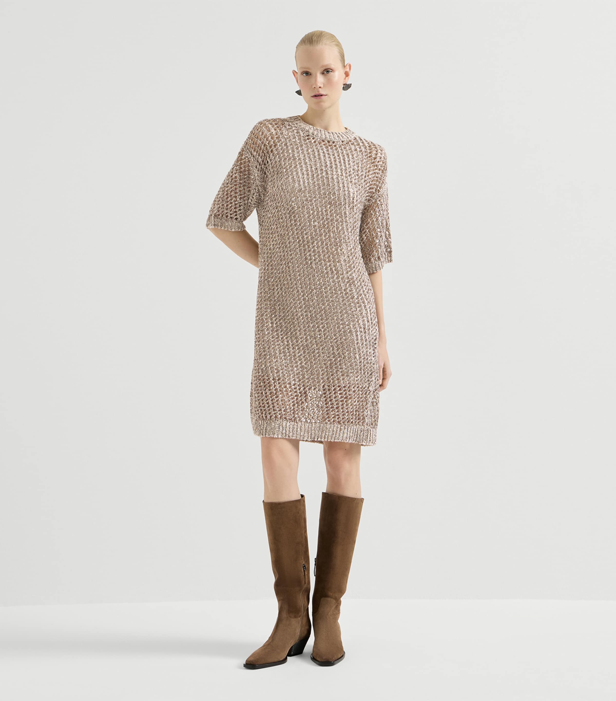 Brunello Cucinelli Womens Silk-Linen-Blend Knitted Midi Dress Image 3