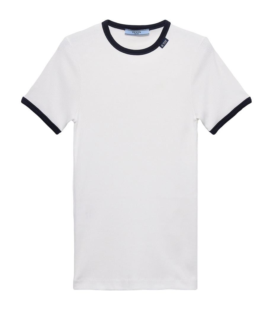 Prada Womens Contrast-Trim Ribbed T-Shirt White Image 1