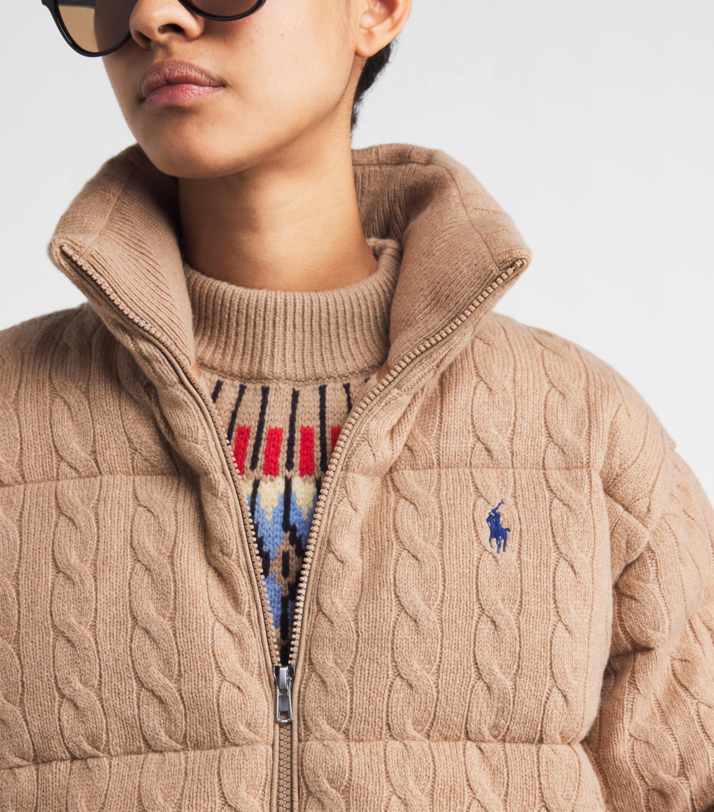 Polo Ralph Lauren Beige Wool-Cashmere Cable-Knit Bomber Jacket
