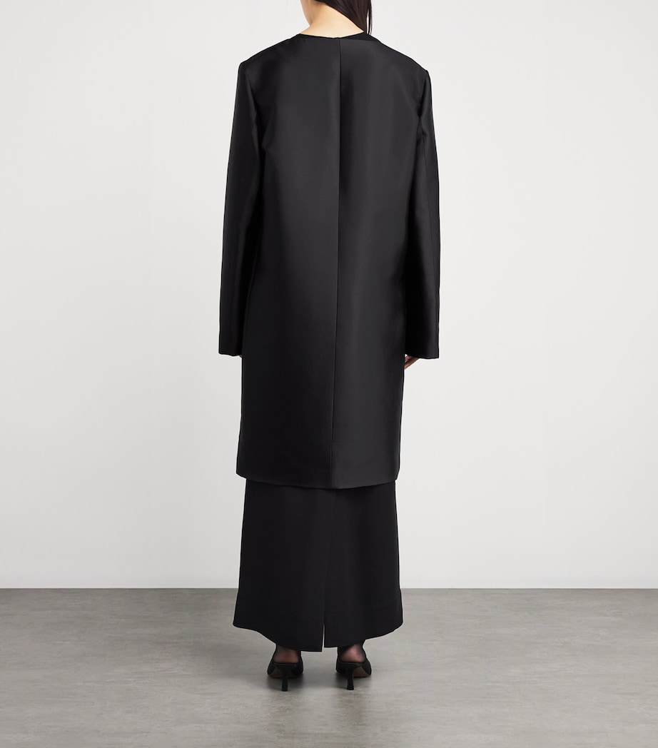Silk Collarless Midi Coat 001 BLACK Image 4