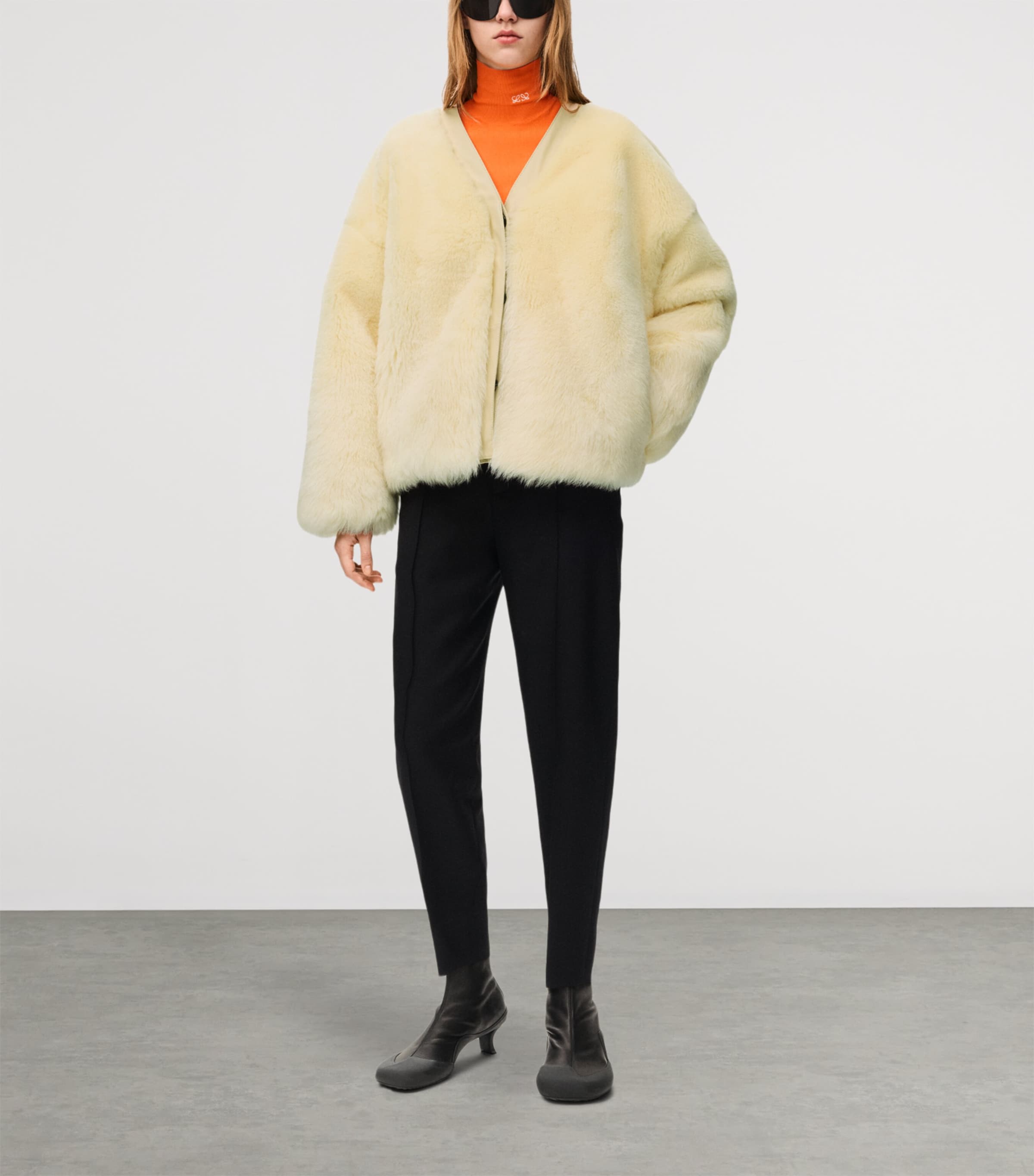 LOEWE Womens Shearling V-Neck Cardigan Light Yellow Image 2