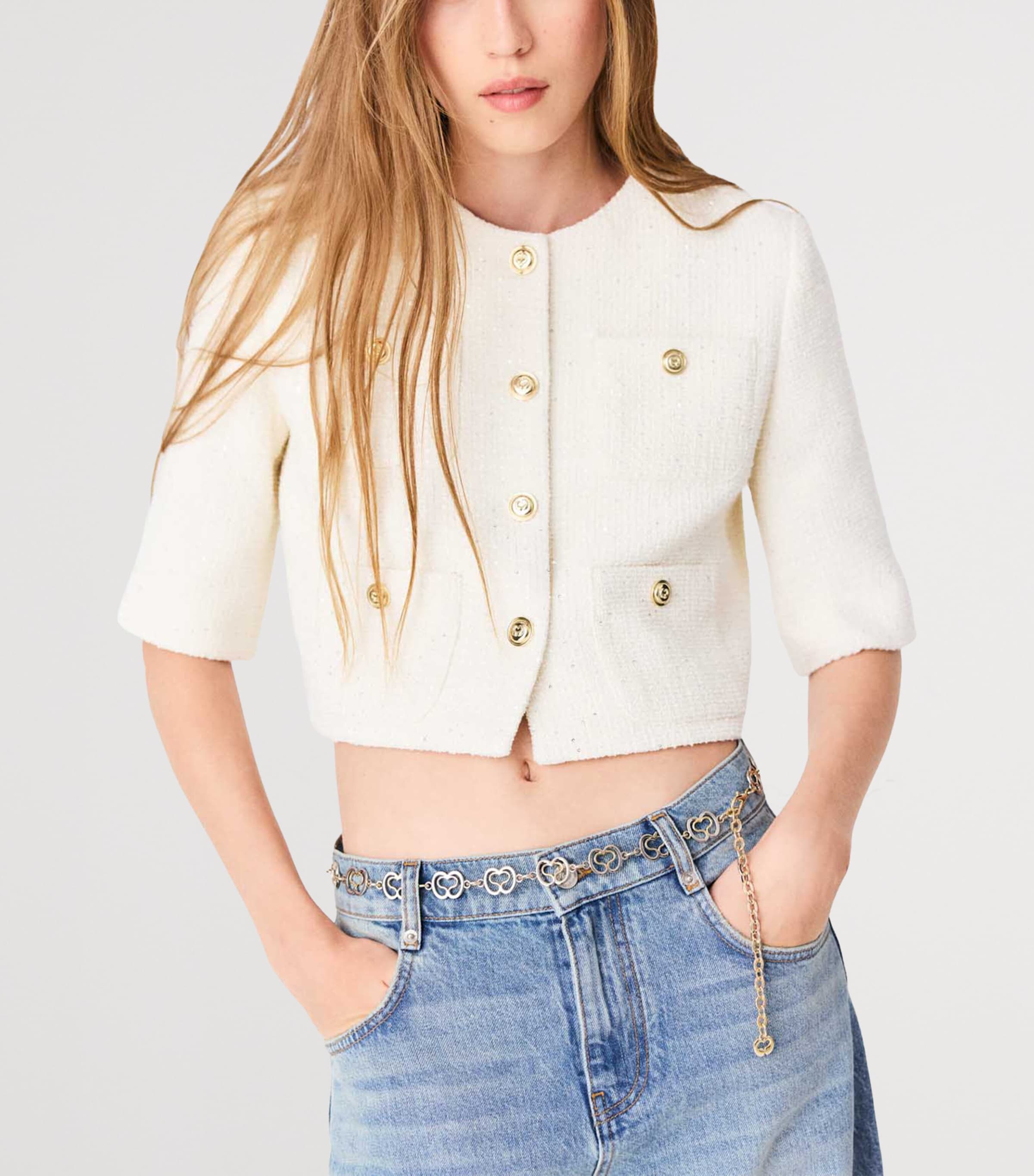Maje Womens Tweed Cropped Jacket Ecru Image 7