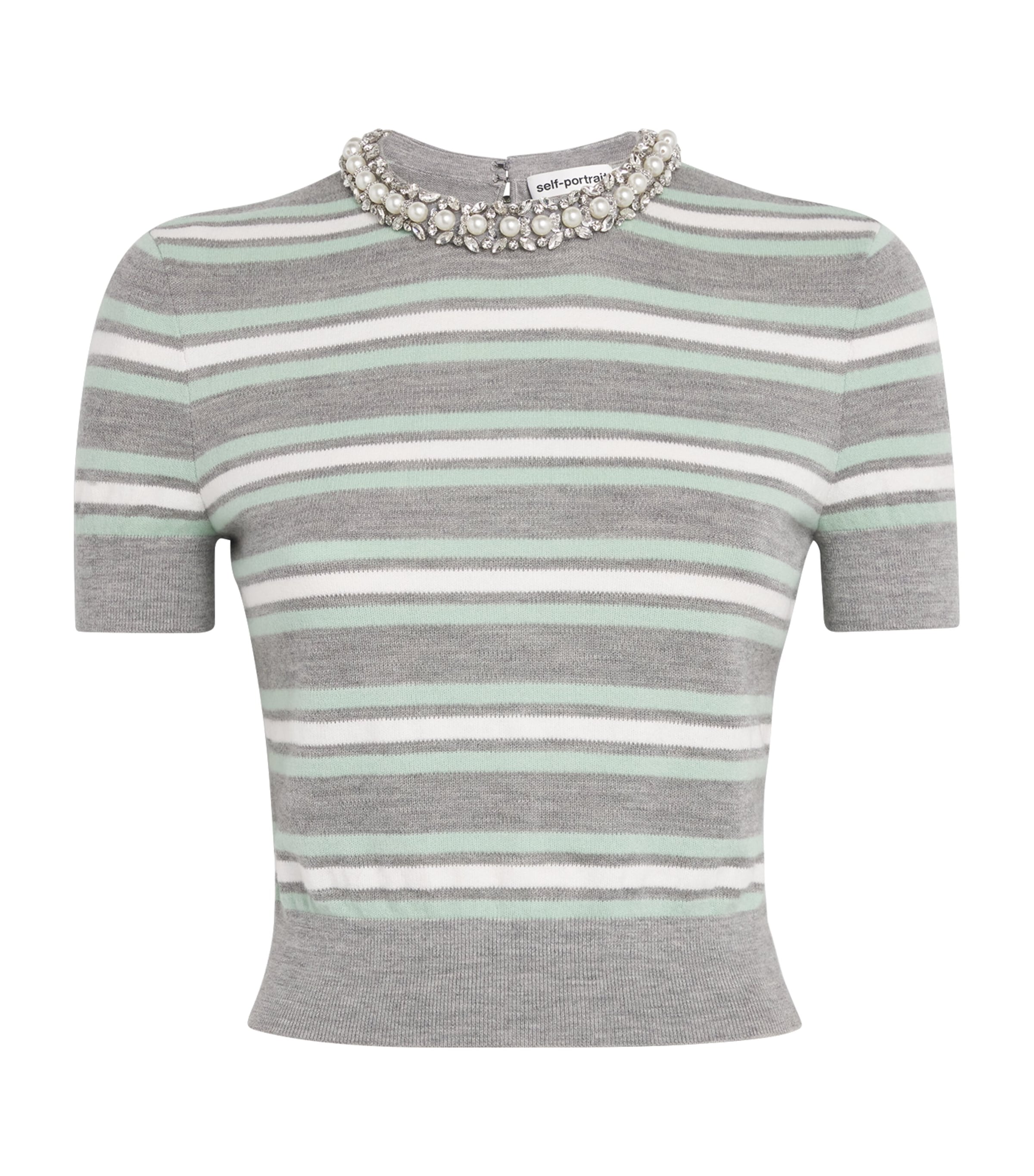 Self-portrait Striped Cropped T-shirt In Gray