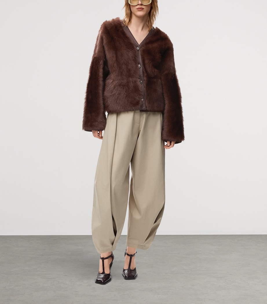 Leather Fur-Covered Cardigan BROWN Image 2