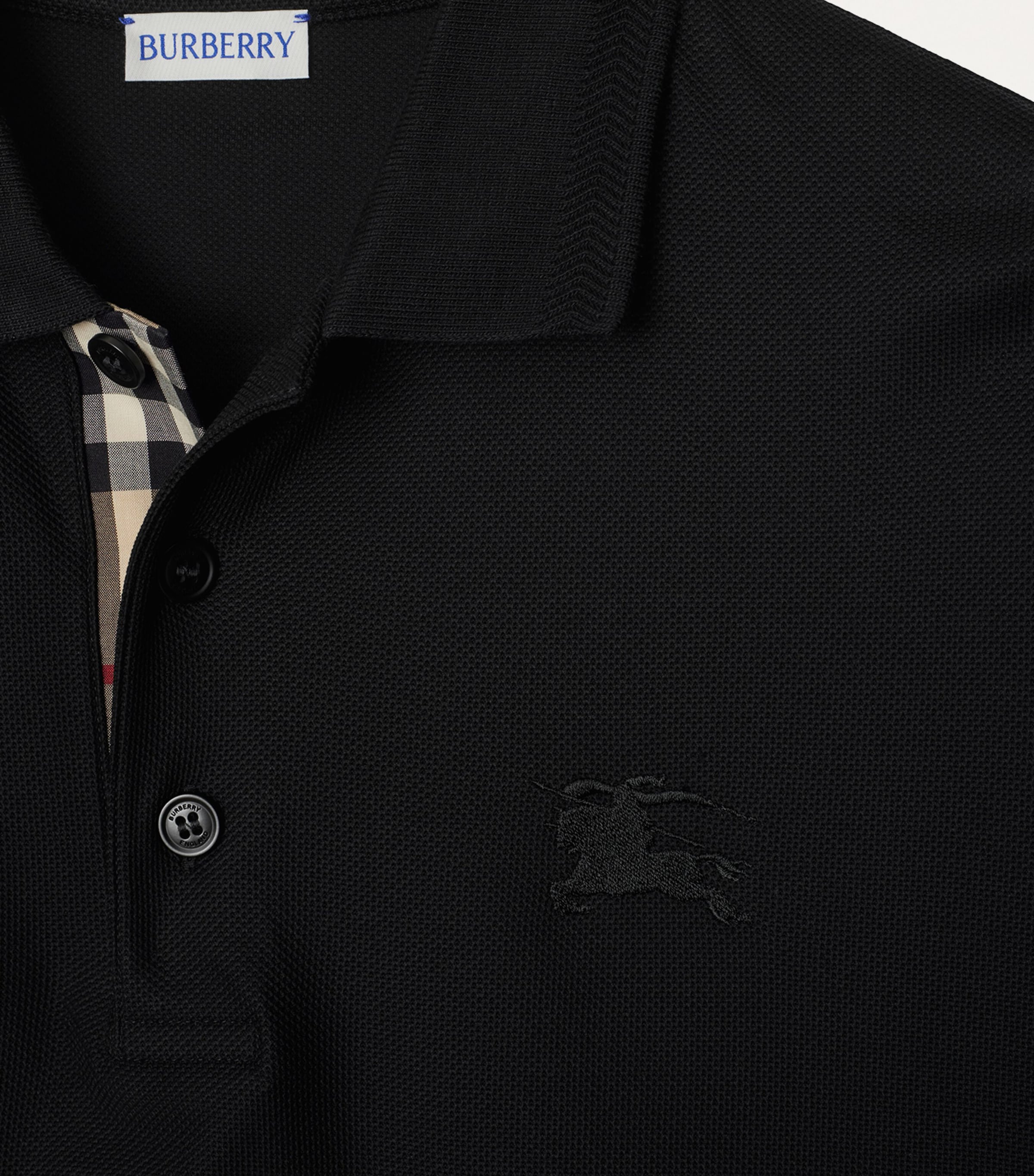 Cotton Check-Placket Polo Shirt BLACK Image 5