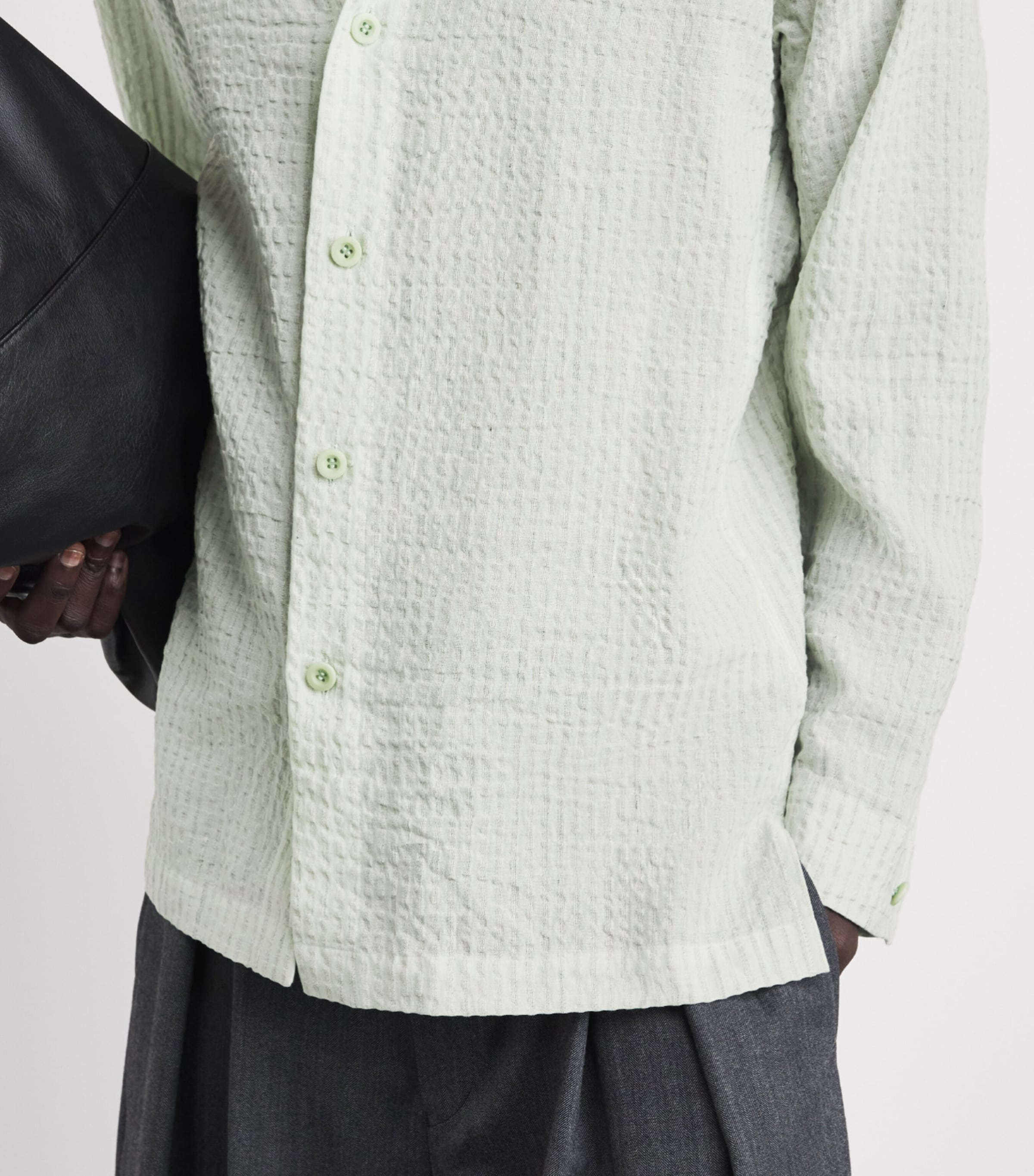 IM MEN Mens Cotton-Linen Stripe Shrink Shirt Sage Green Image 3