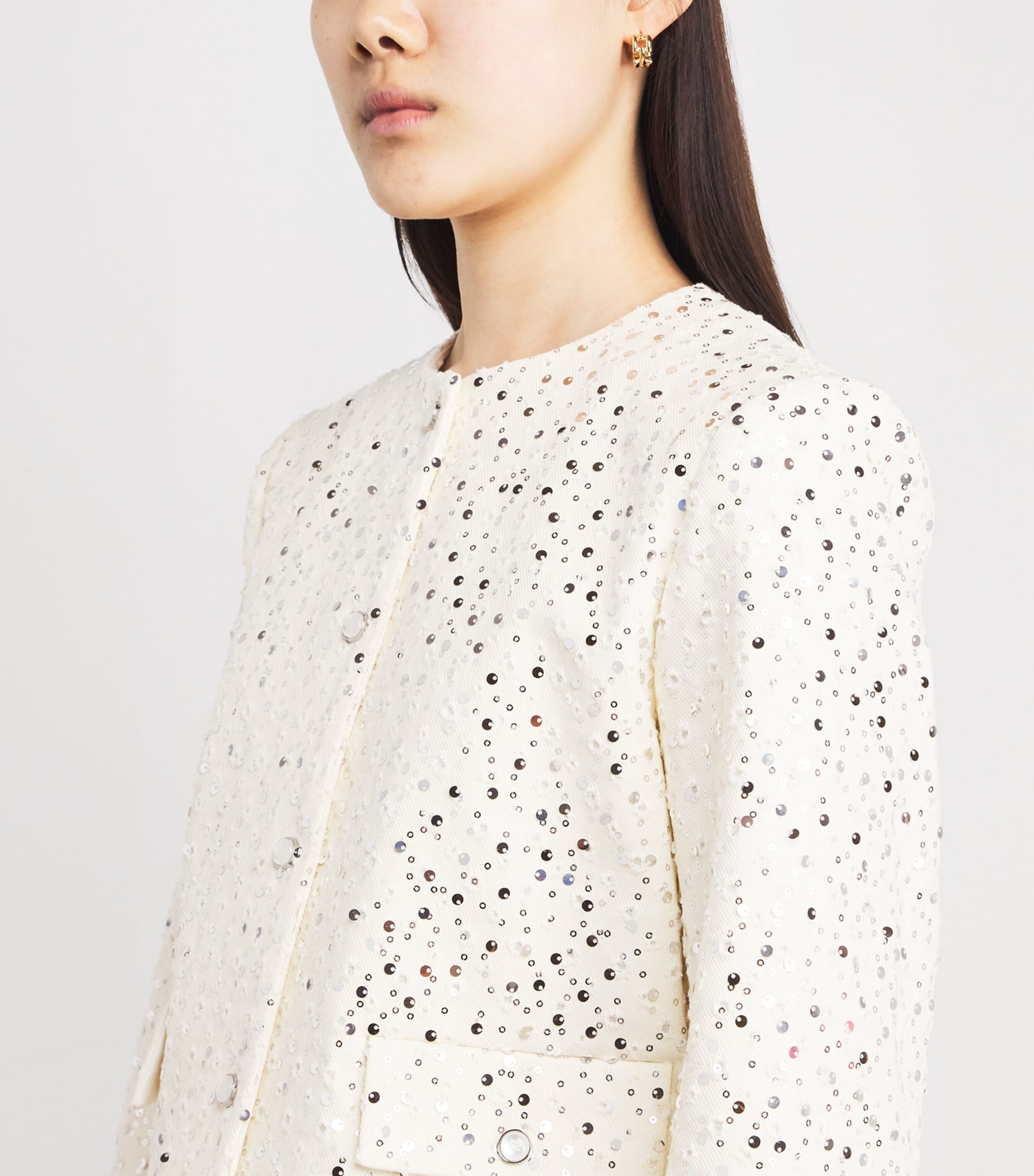 Sandro Paris Womens Cotton-Blend Sequin Cropped Jacket Ecru Image 3