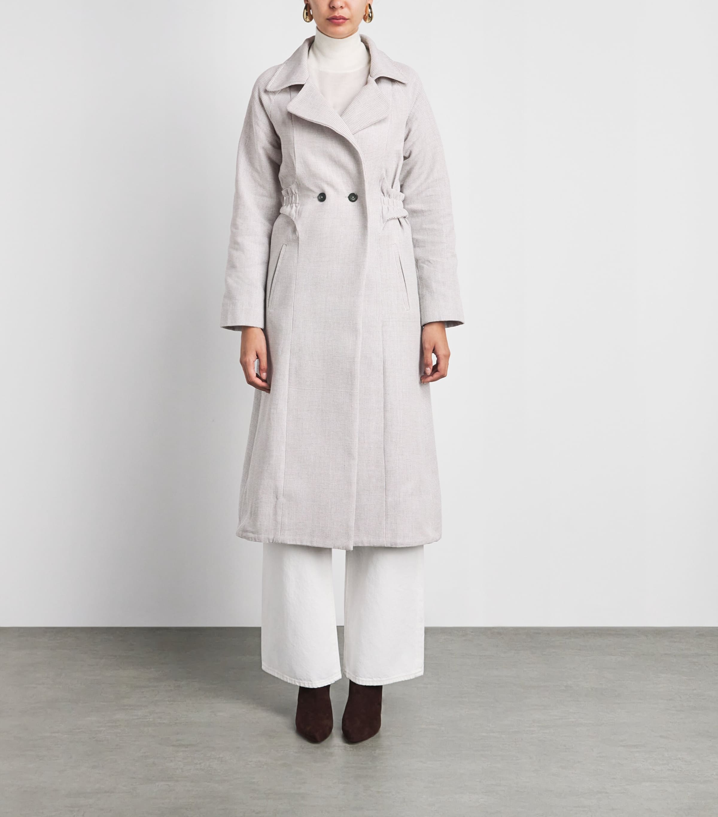 Studio Namnyak Womens Cotton Stripe Taro Trench Coat Grey White Image 4
