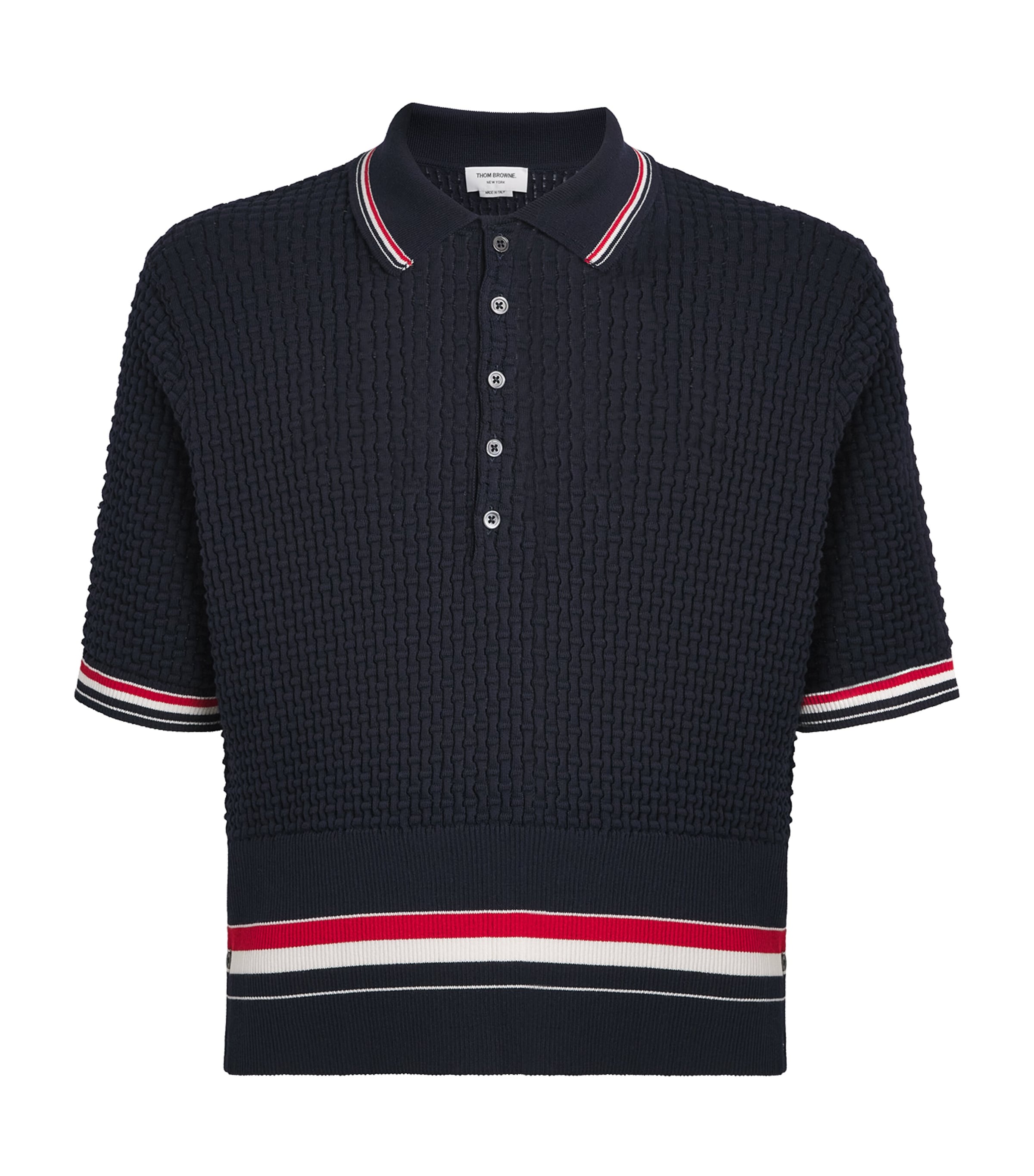 Thom Browne Mens Cotton Ripple-Stitch Polo Shirt Navy Image 1