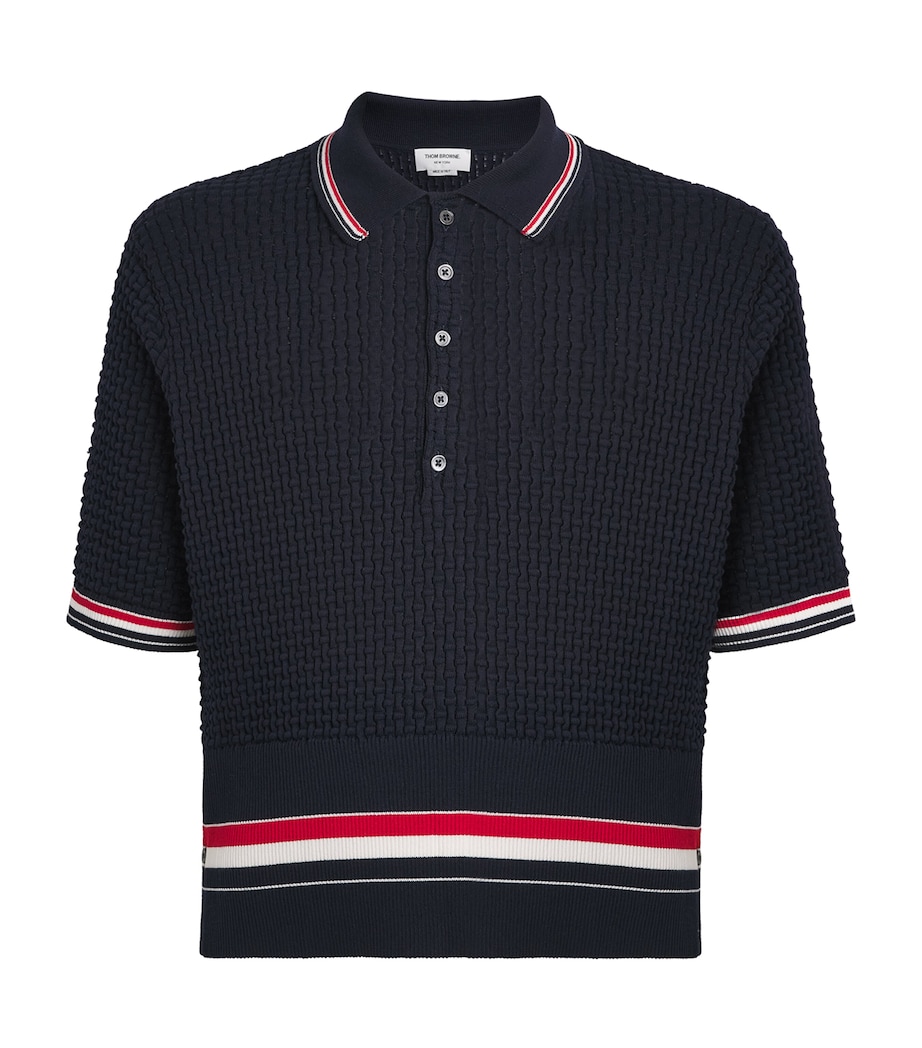Thom Browne Mens Cotton Ripple-Stitch Polo Shirt Navy Image 1