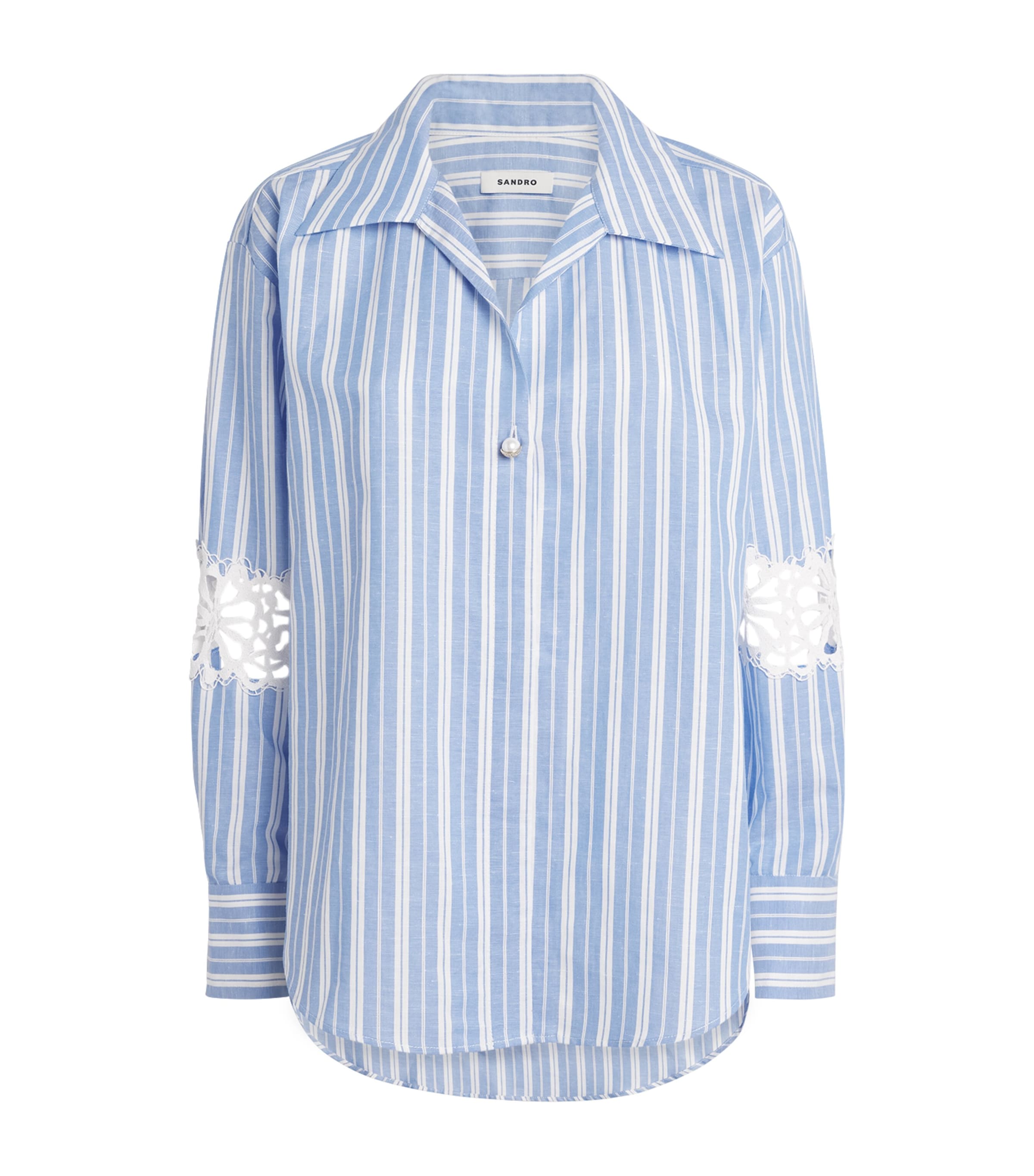 Sandro Womens Bleus Striped Lace-trim Cotton And Linen-blend Shirt In Blue