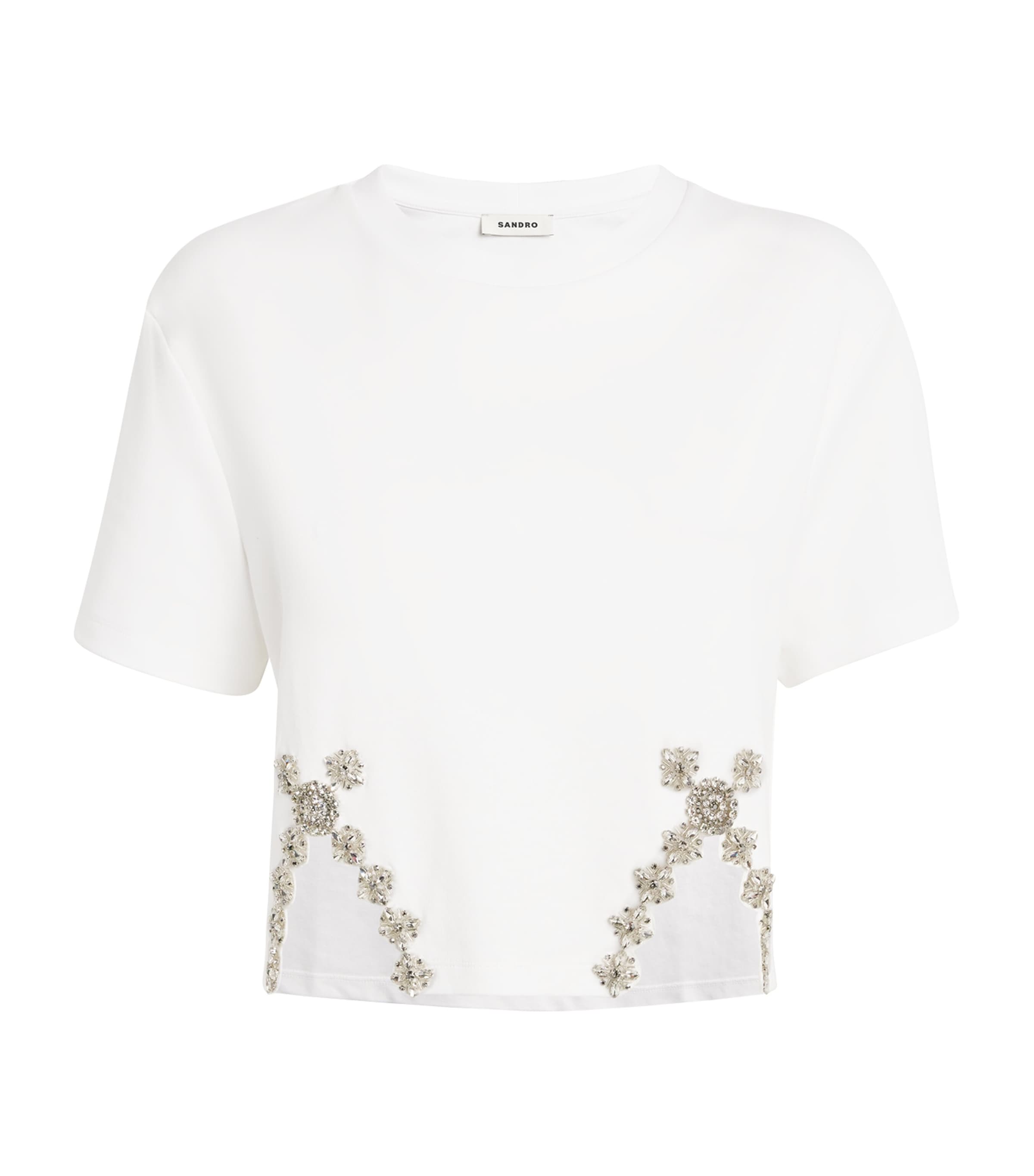Sandro Rhinestone-embellished Crop T-shirt In Beige