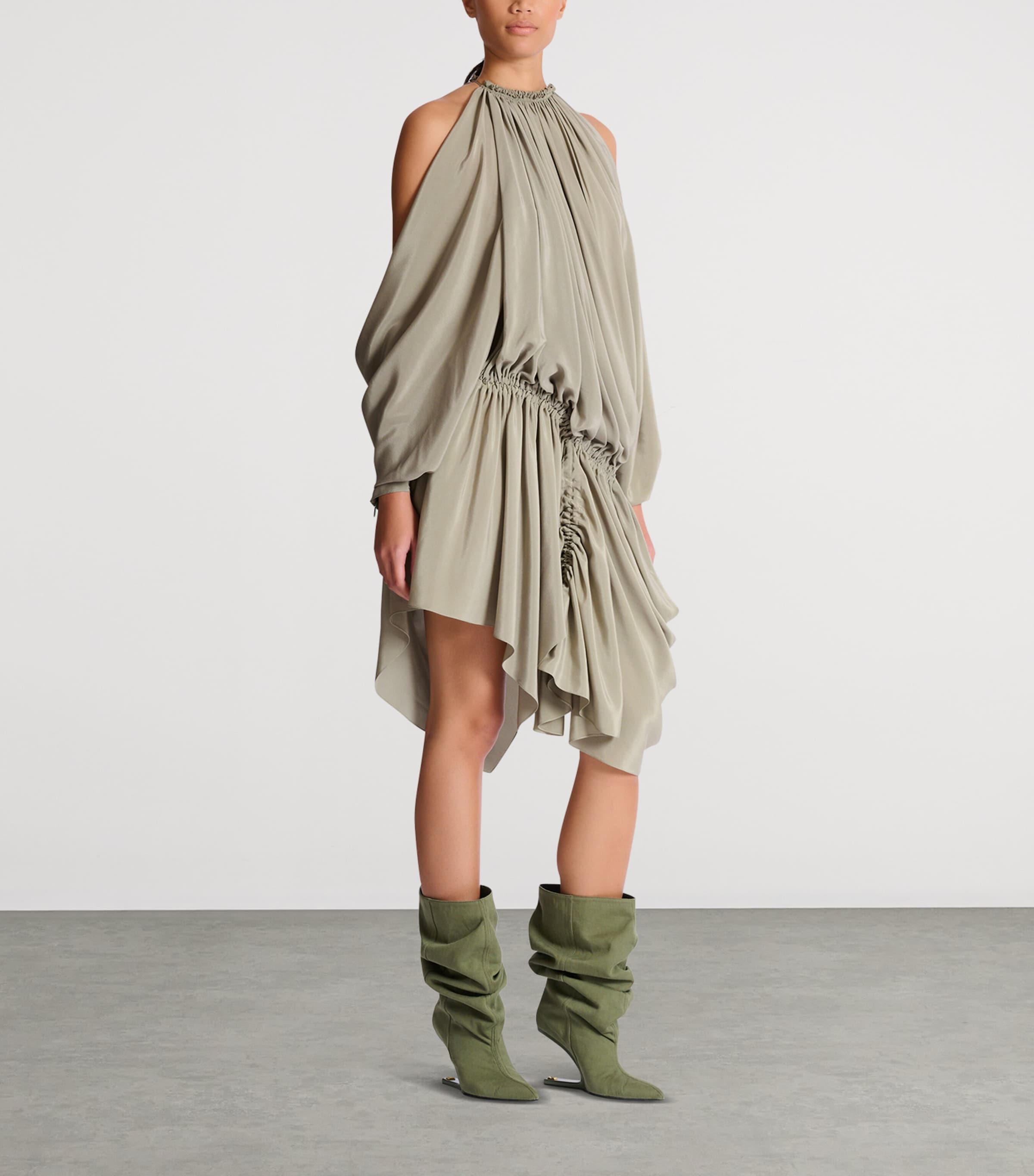 Balmain Womens Silk Crepe Draped Mini Dress Vert Laurier Image 4