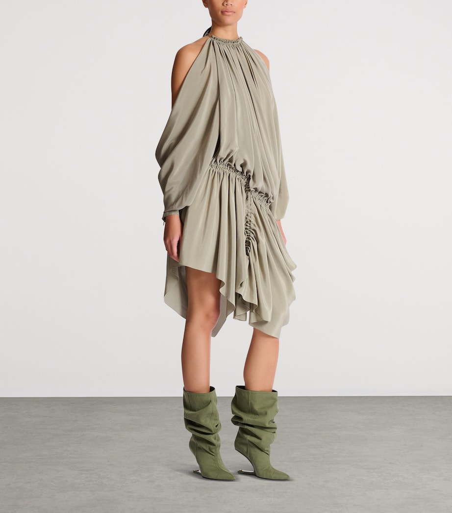 Balmain Womens Silk Crepe Draped Mini Dress Vert Laurier Image 4