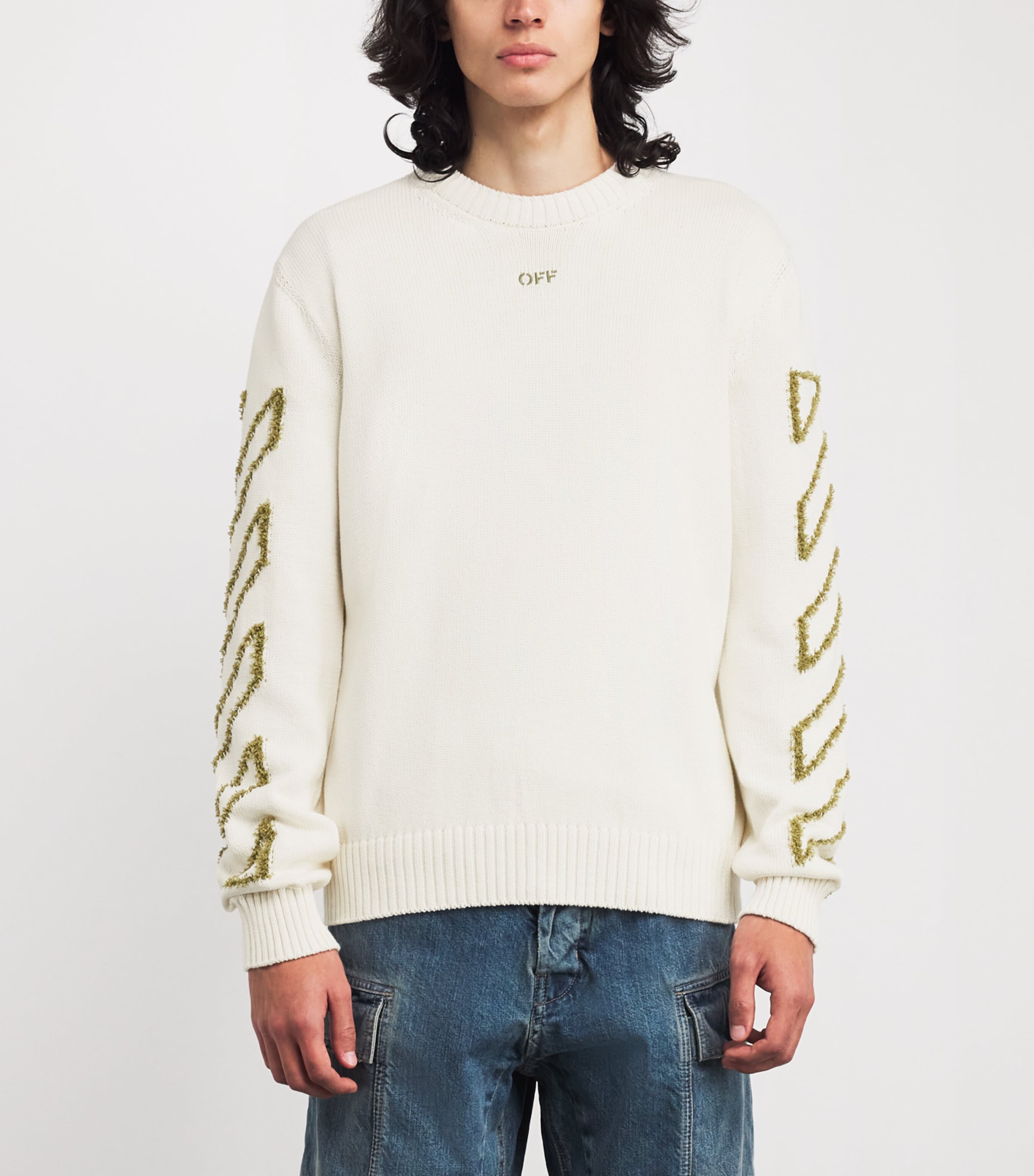 Cotton Jacquard Diagonal Arrow Sweater CREAM Image 3