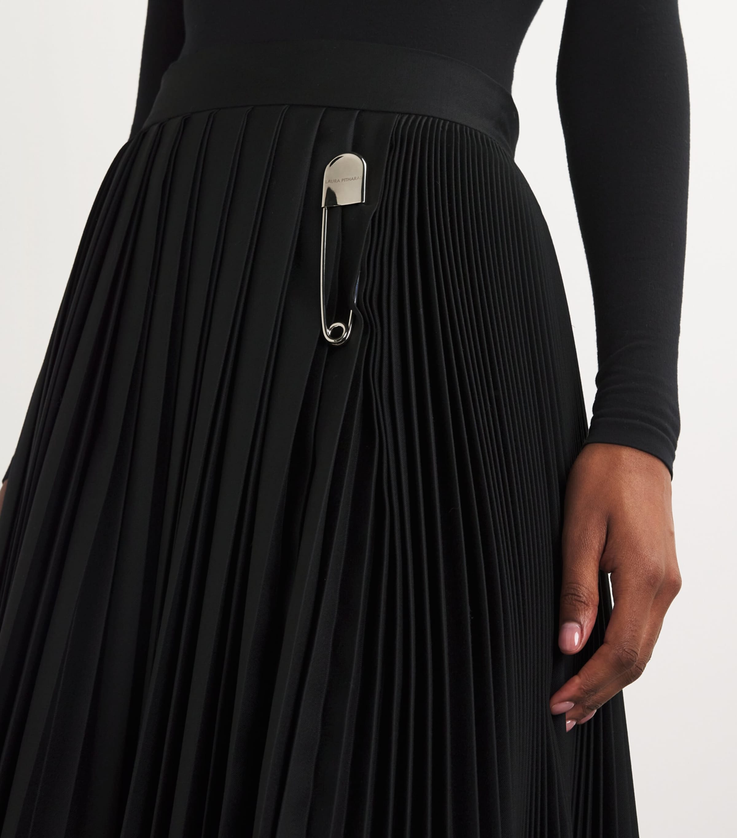Laura Pitharas Womens Wool Contrast Pleated Skirt Solid Black Image 6