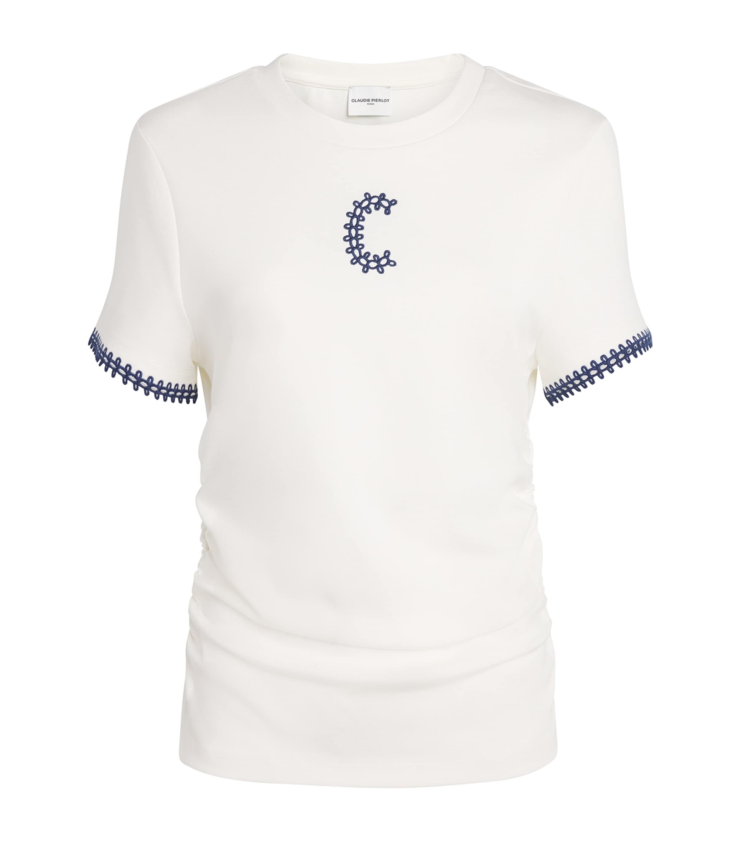 Claudie Pierlot Womens Ruched Embroidered Logo T-Shirt Ecru Image 1